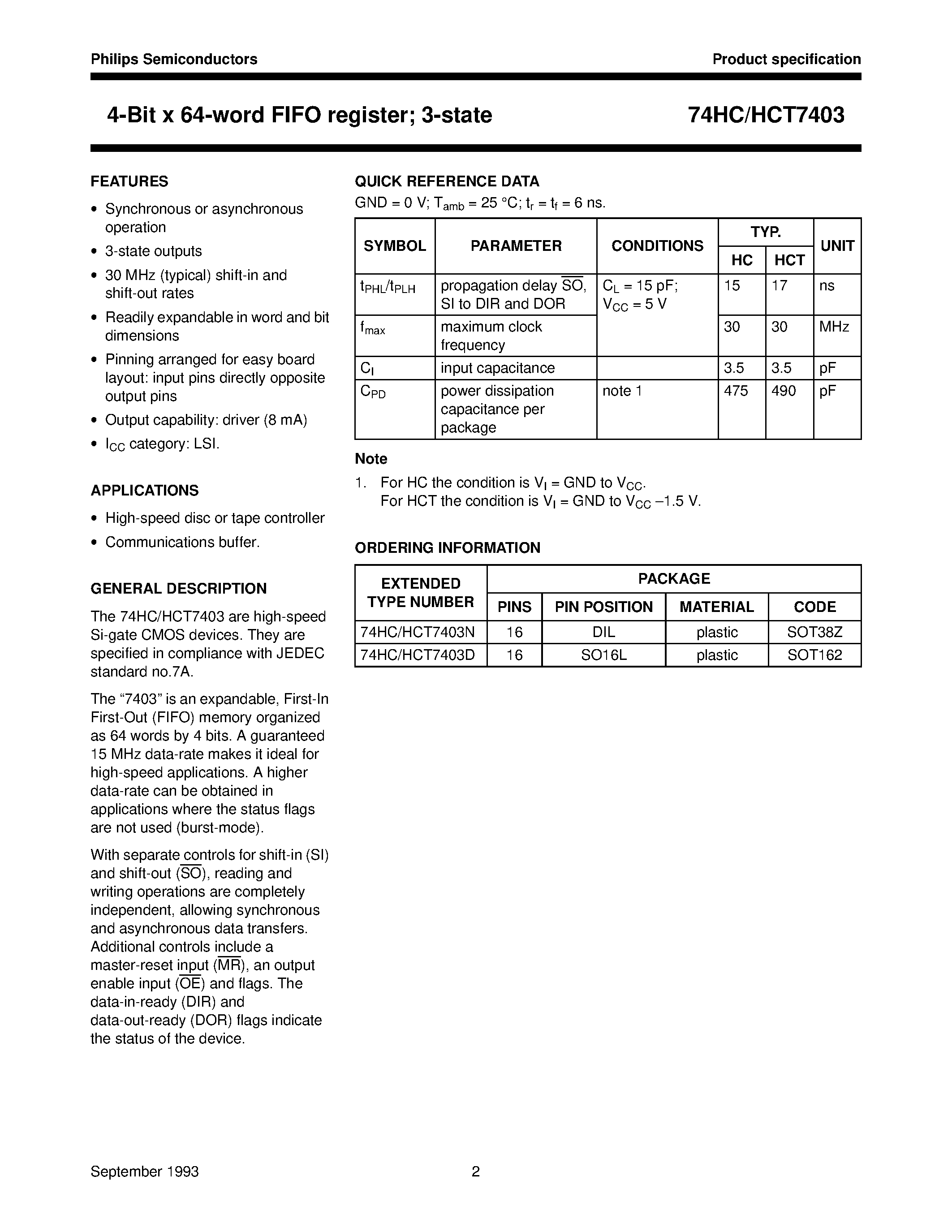 Datasheet 74HCT7403 - 4-Bit x 64-word FIFO register; 3-state page 2
