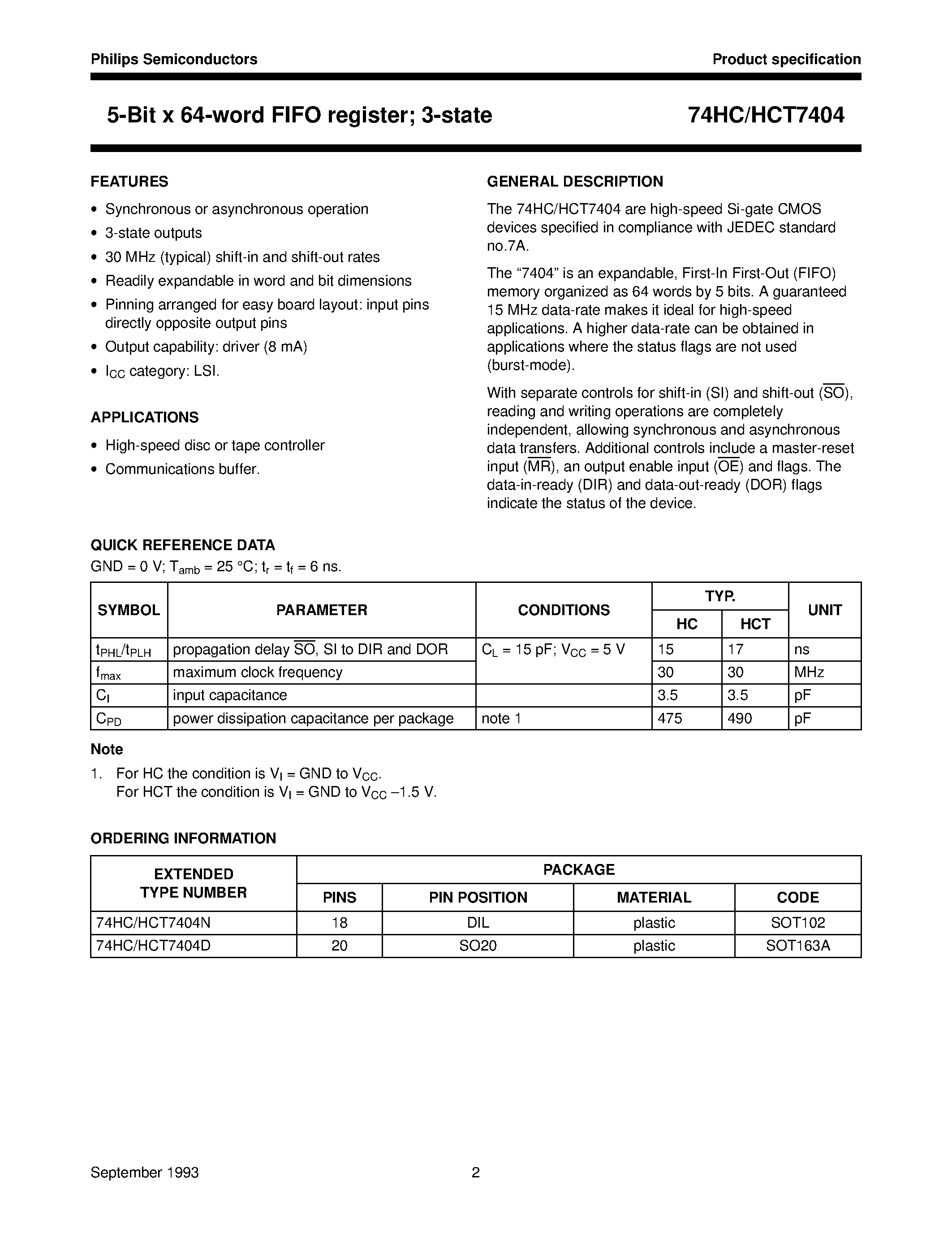 Даташит 74HCT7404N - 5-Bit x 64-word FIFO register; 3-state страница 2