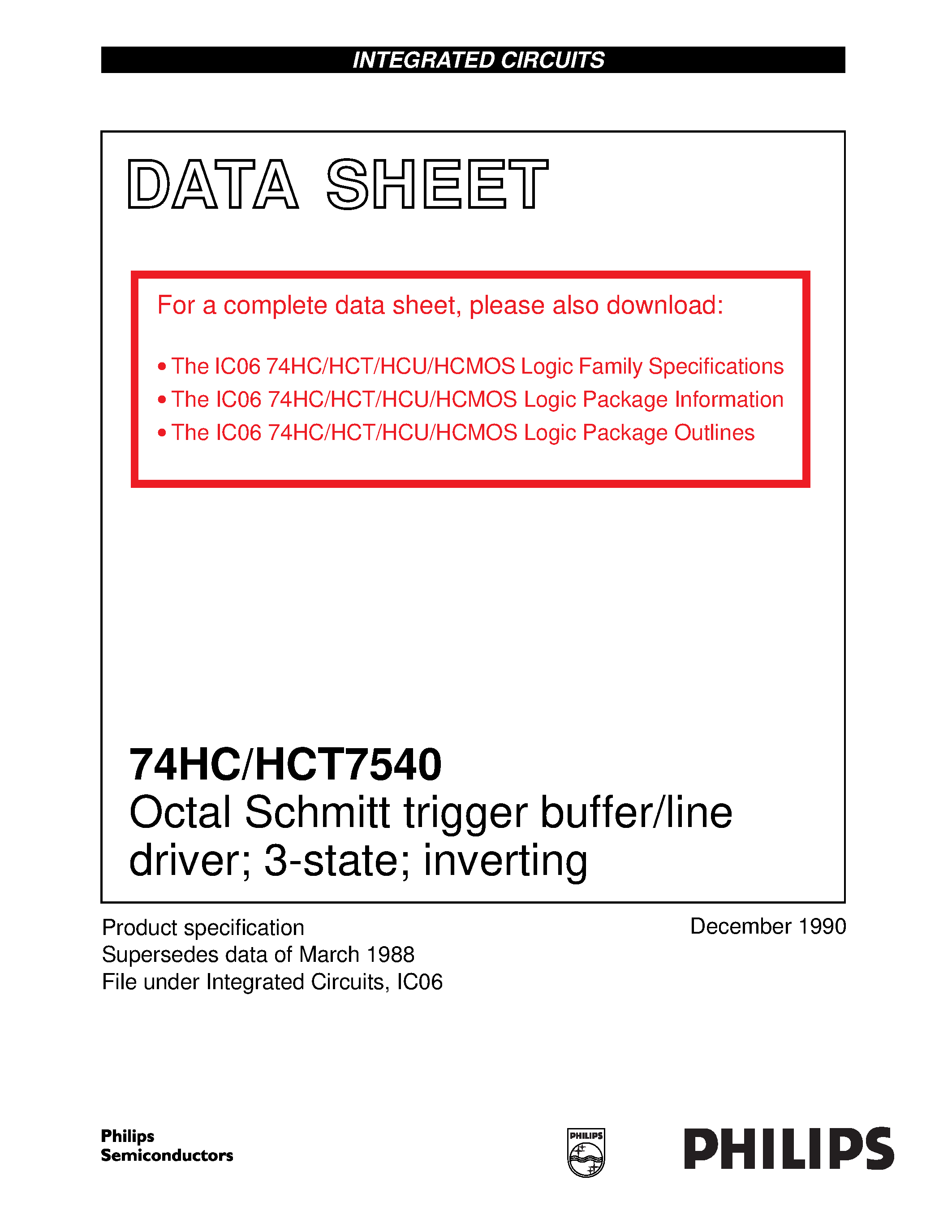 Datasheet 74HCT7540 - Octal Schmitt trigger buffer/line driver; 3-state; inverting page 1