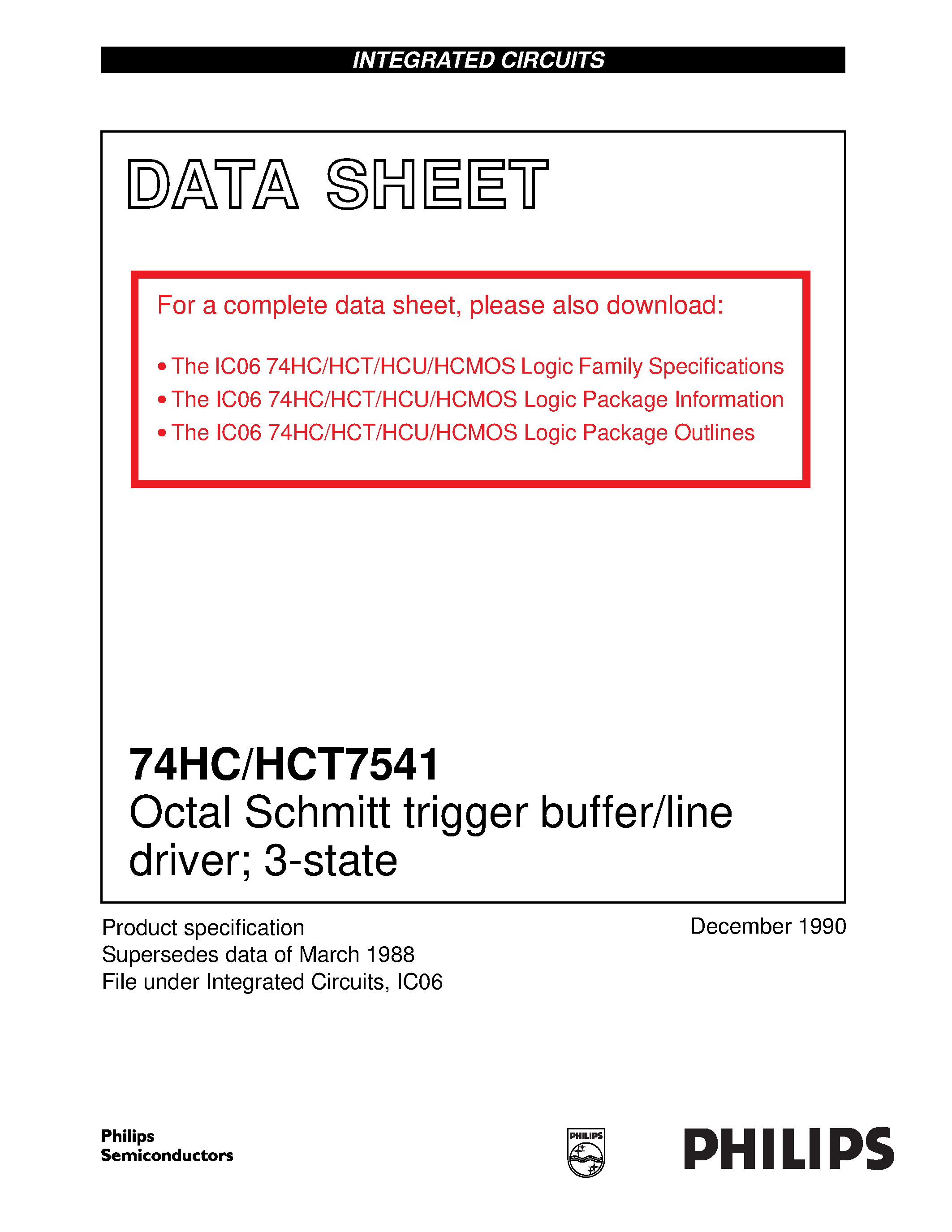 Datasheet 74HCT7541 page 1 Datasheet 74HCT7541 - Octal Schmitt trigger buffer/line driver; 3-state page 1