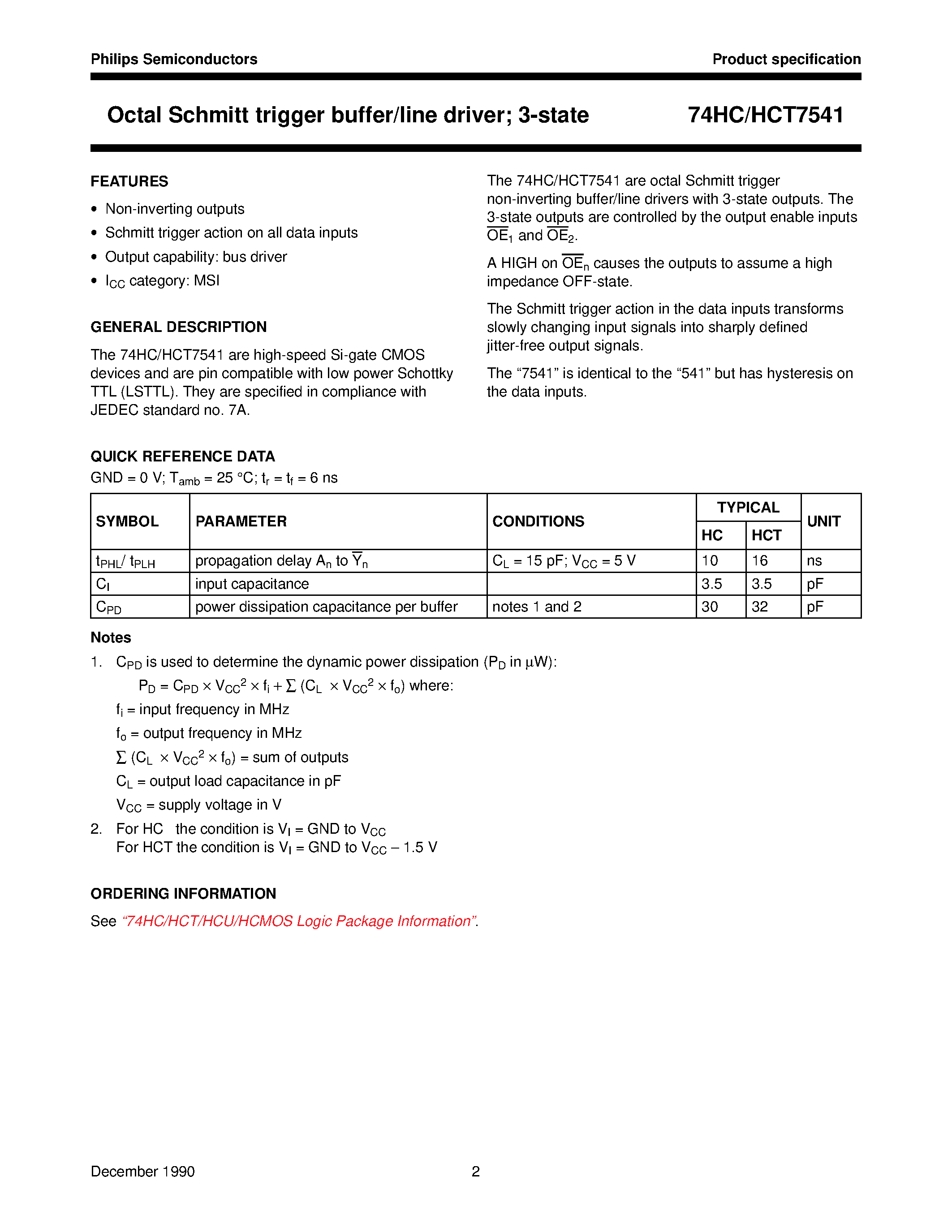 Datasheet 74HCT7541 page 2 Datasheet 74HCT7541 - Octal Schmitt trigger buffer/line driver; 3-state page 2