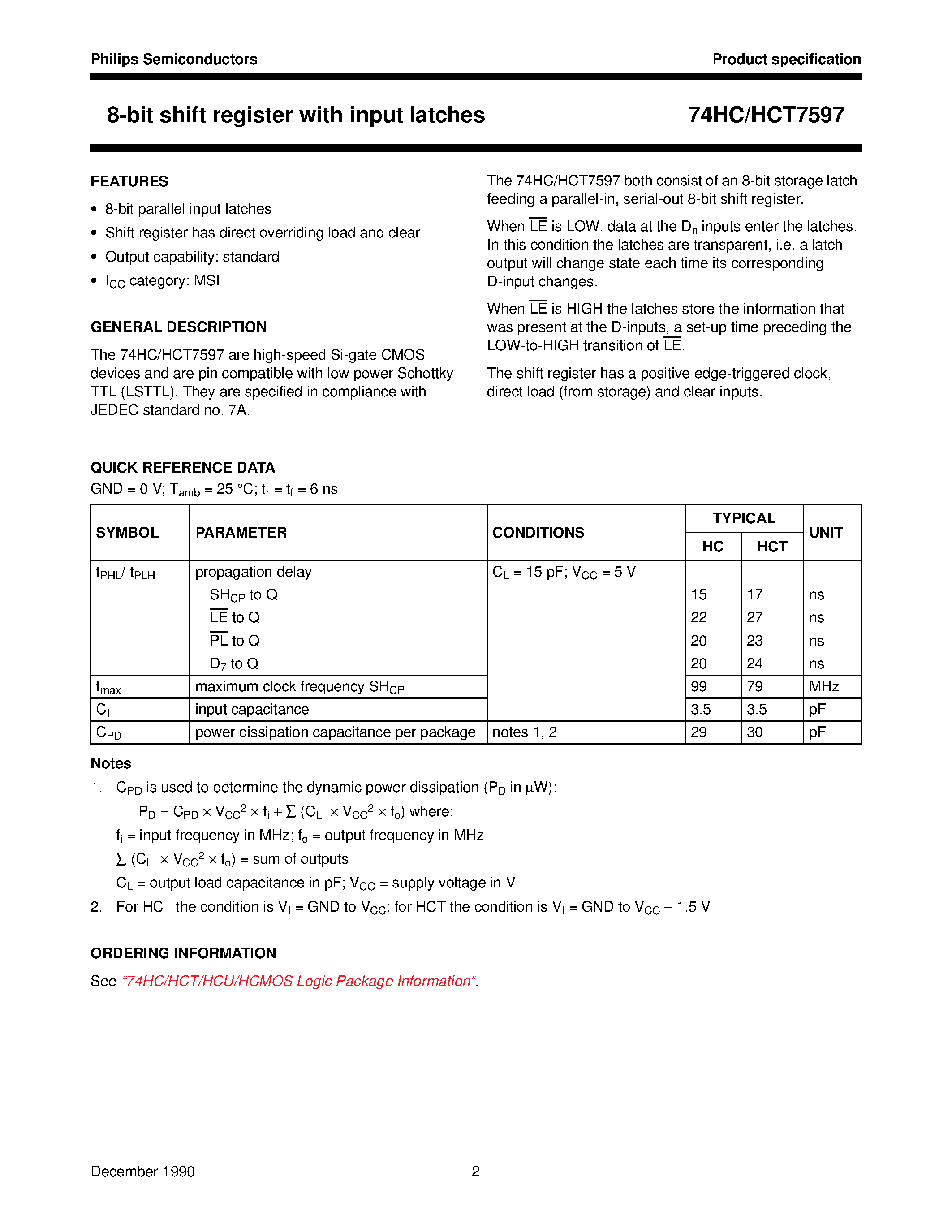 Datasheet 74HCT7597 page 2 Datasheet 74HCT7597 - 8-bit shift register with input latches page 2