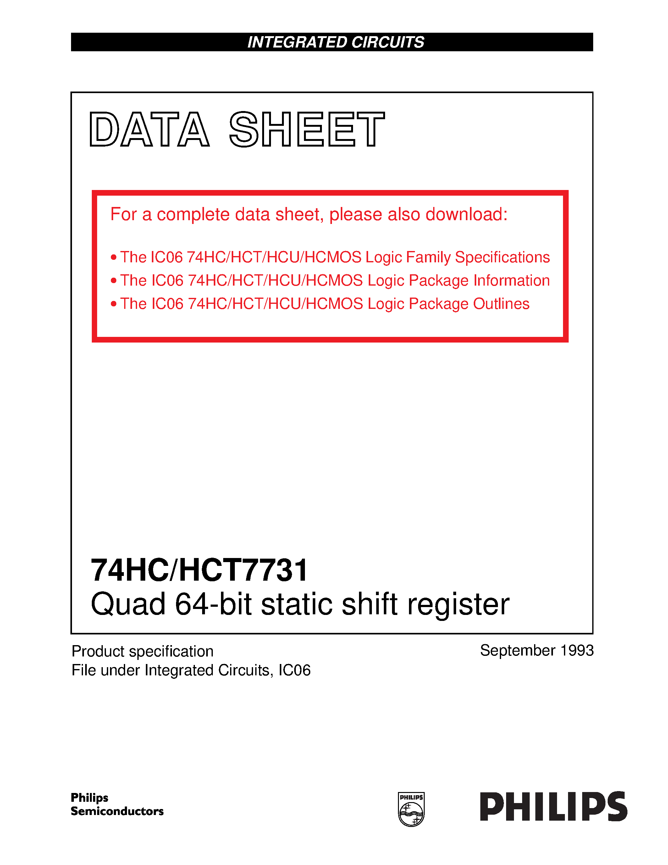 Datasheet 74HCT7731 - Quad 64-bit static shift register page 1