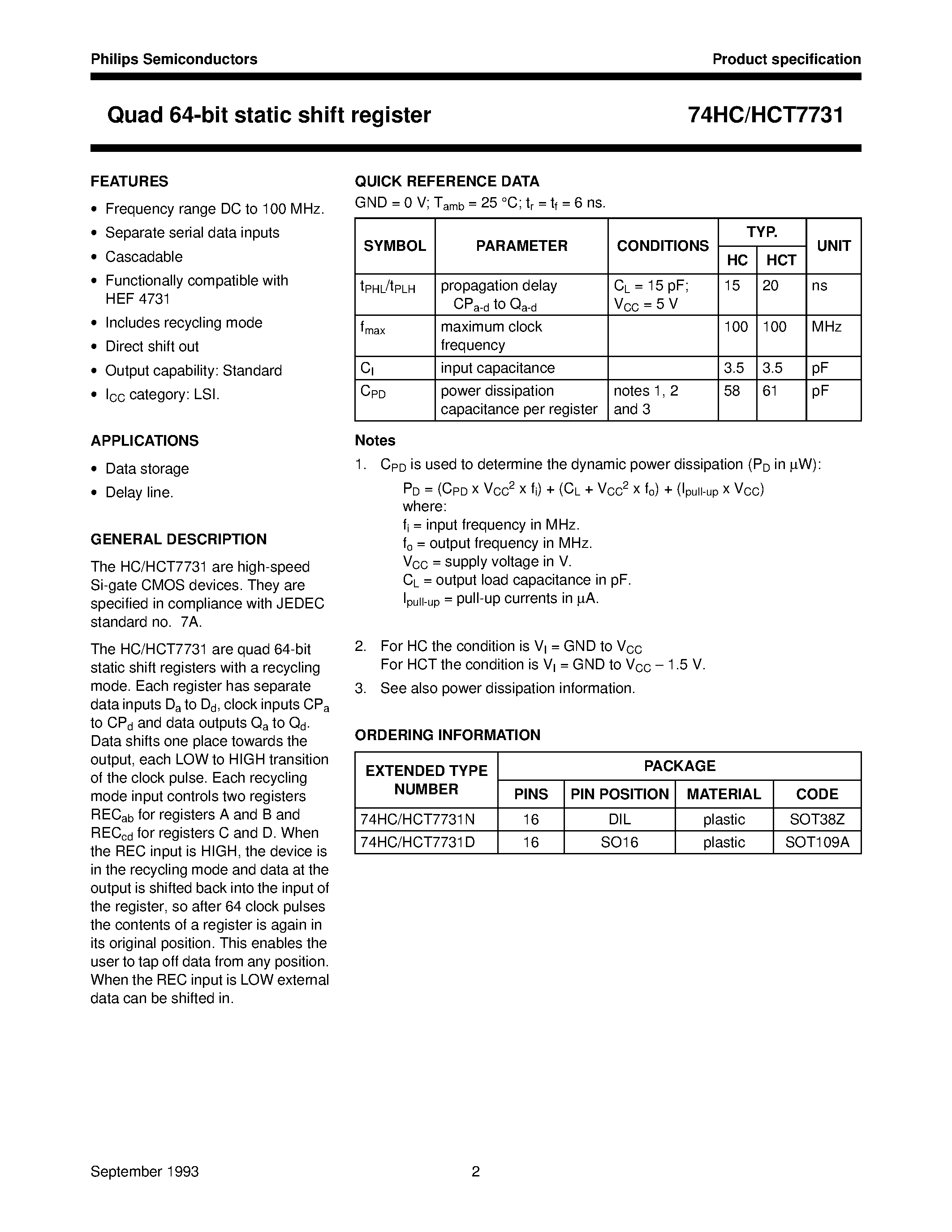 Datasheet 74HCT7731N - Quad 64-bit static shift register page 2