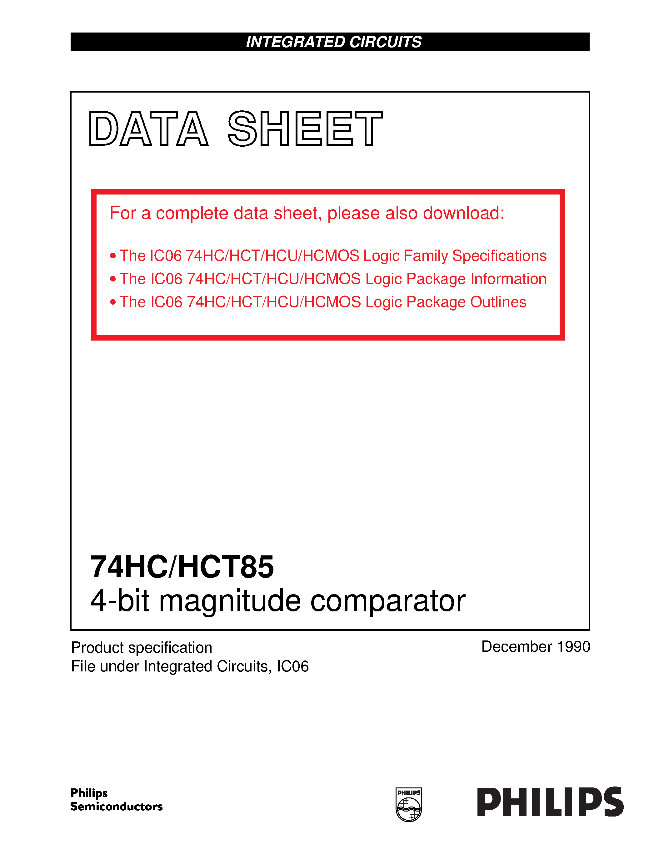 Datasheet 74HCT85 - 4-bit magnitude comparator page 1