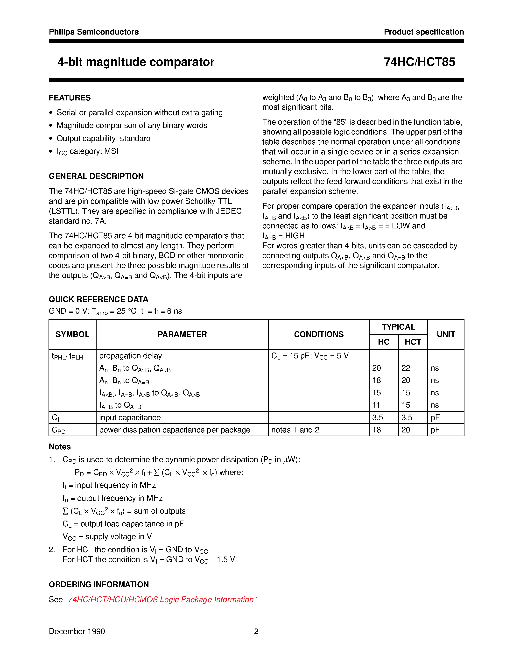 Datasheet 74HCT85 page 2 Datasheet 74HCT85 - 4-bit magnitude comparator page 2