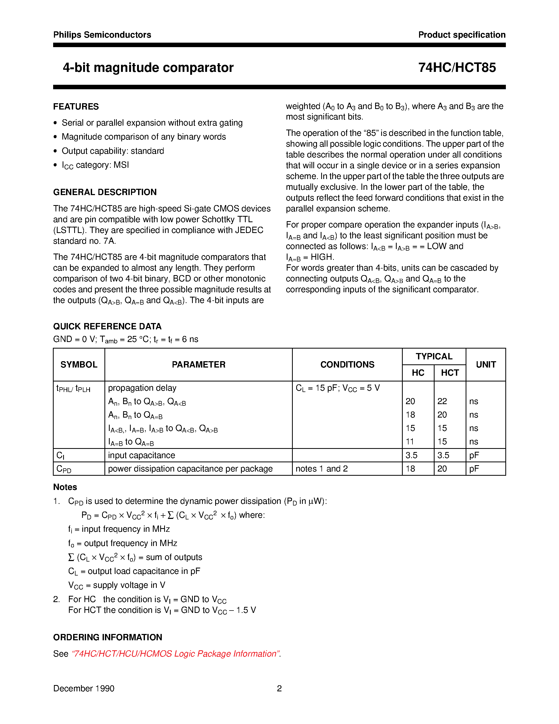 Datasheet 74HCT85 - 4-bit magnitude comparator page 2