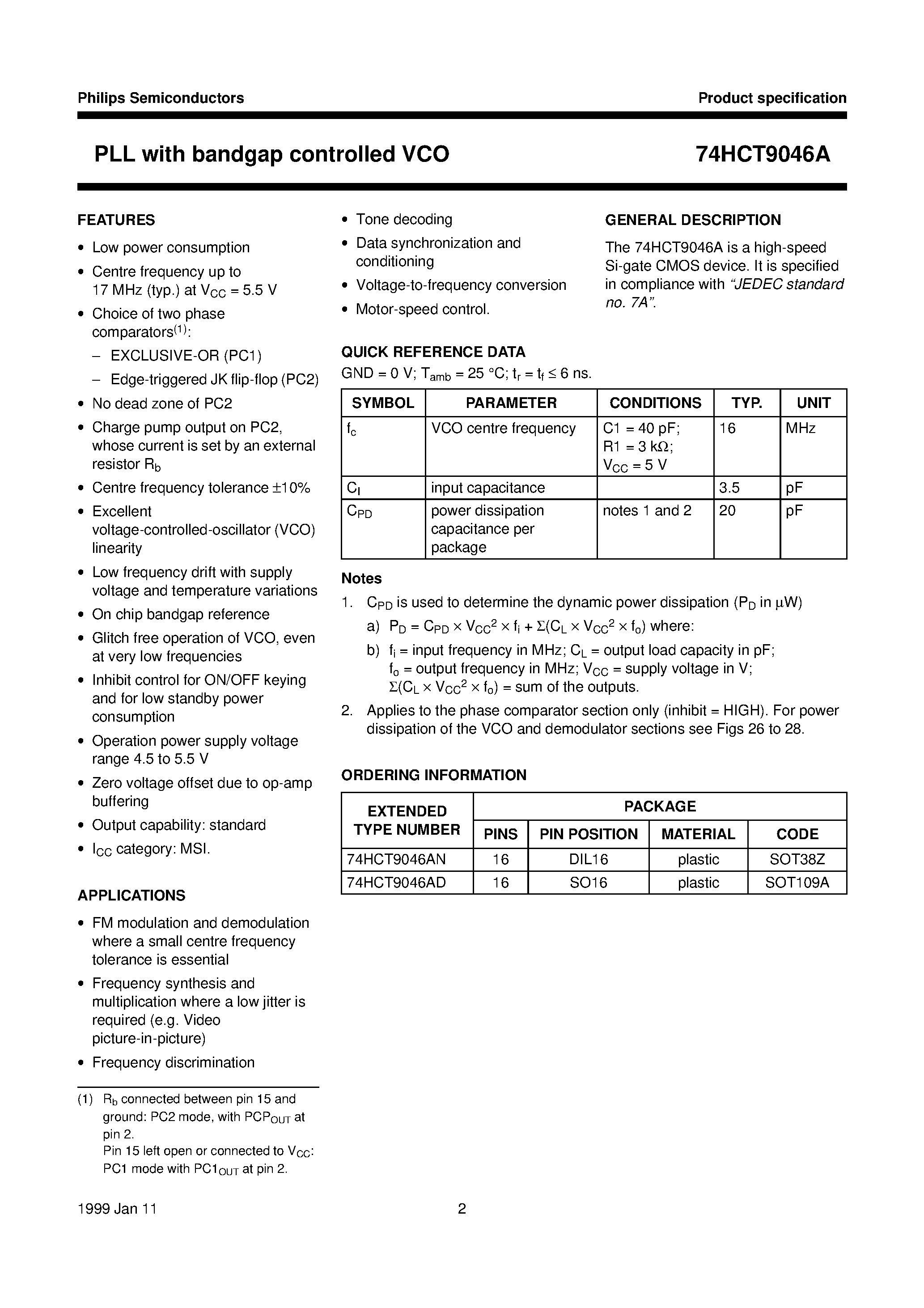 Datasheet 74HCT9046A page 2 Datasheet 74HCT9046A - PLL with bandgap controlled VCO page 2