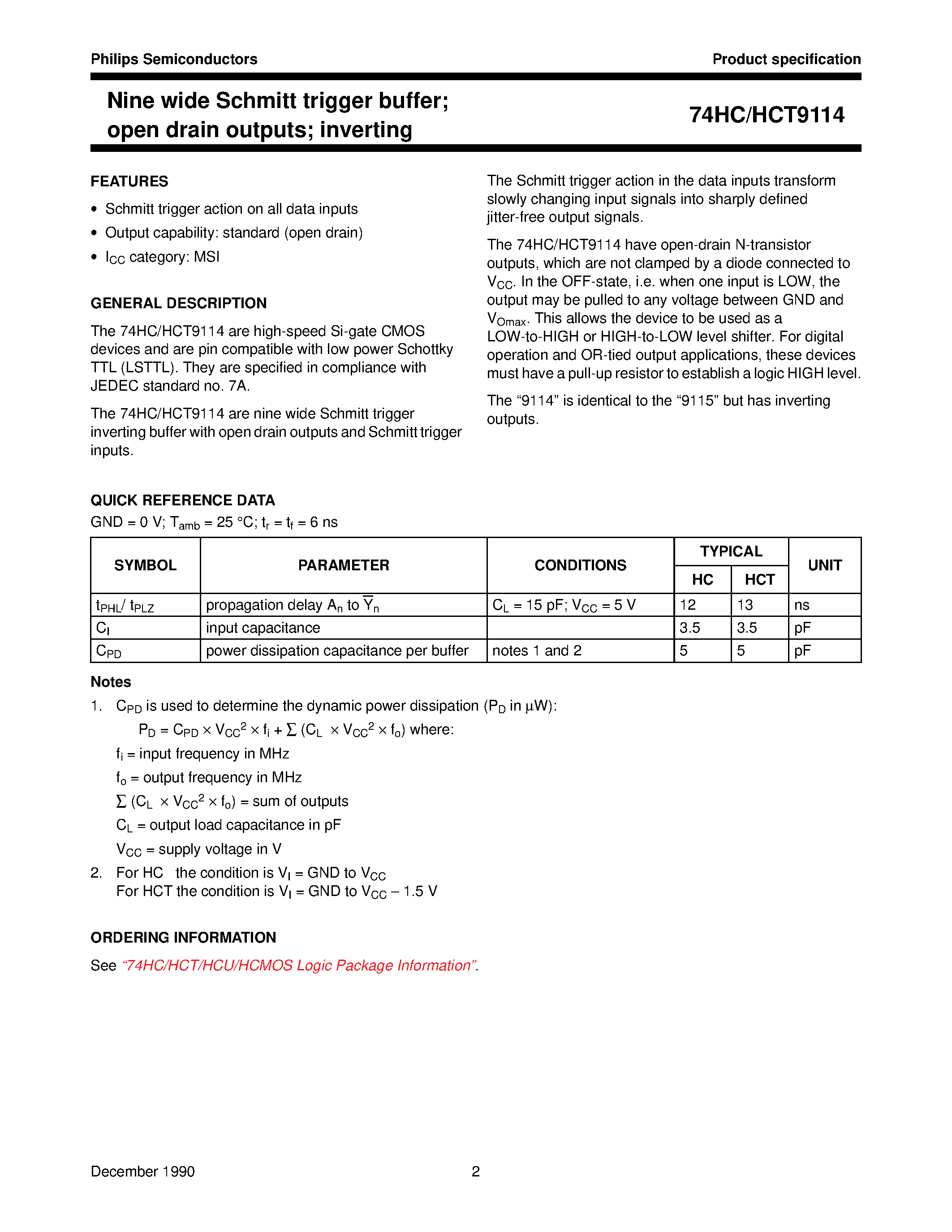 Datasheet 74HCT9114 - Nine wide Schmitt trigger buffer; open drain outputs; inverting page 2