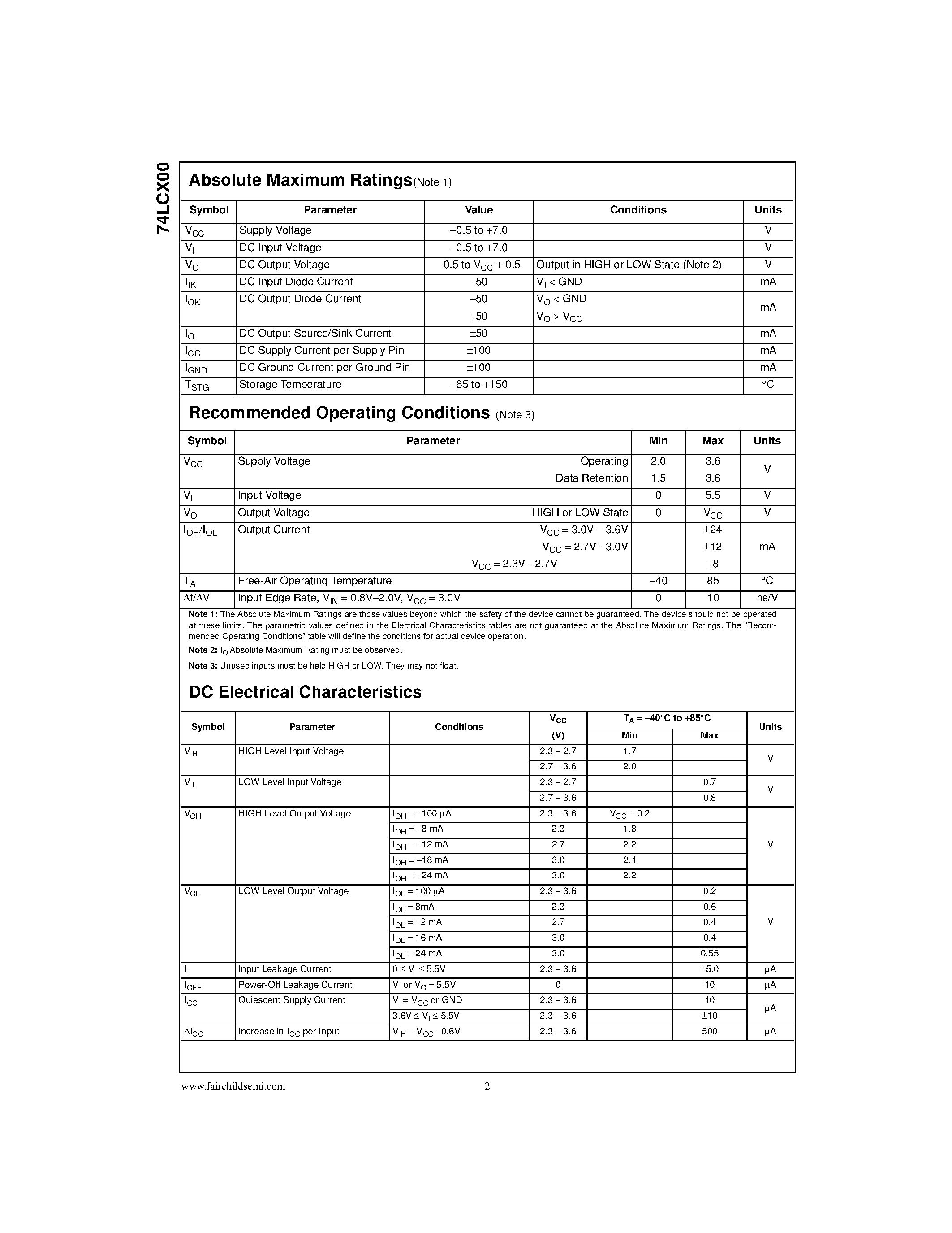 Datasheet 74LCX00M page 2 Datasheet 74LCX00M - Low Voltage Quad 2-Input NAND Gate with 5V Tolerant Inputs page 2