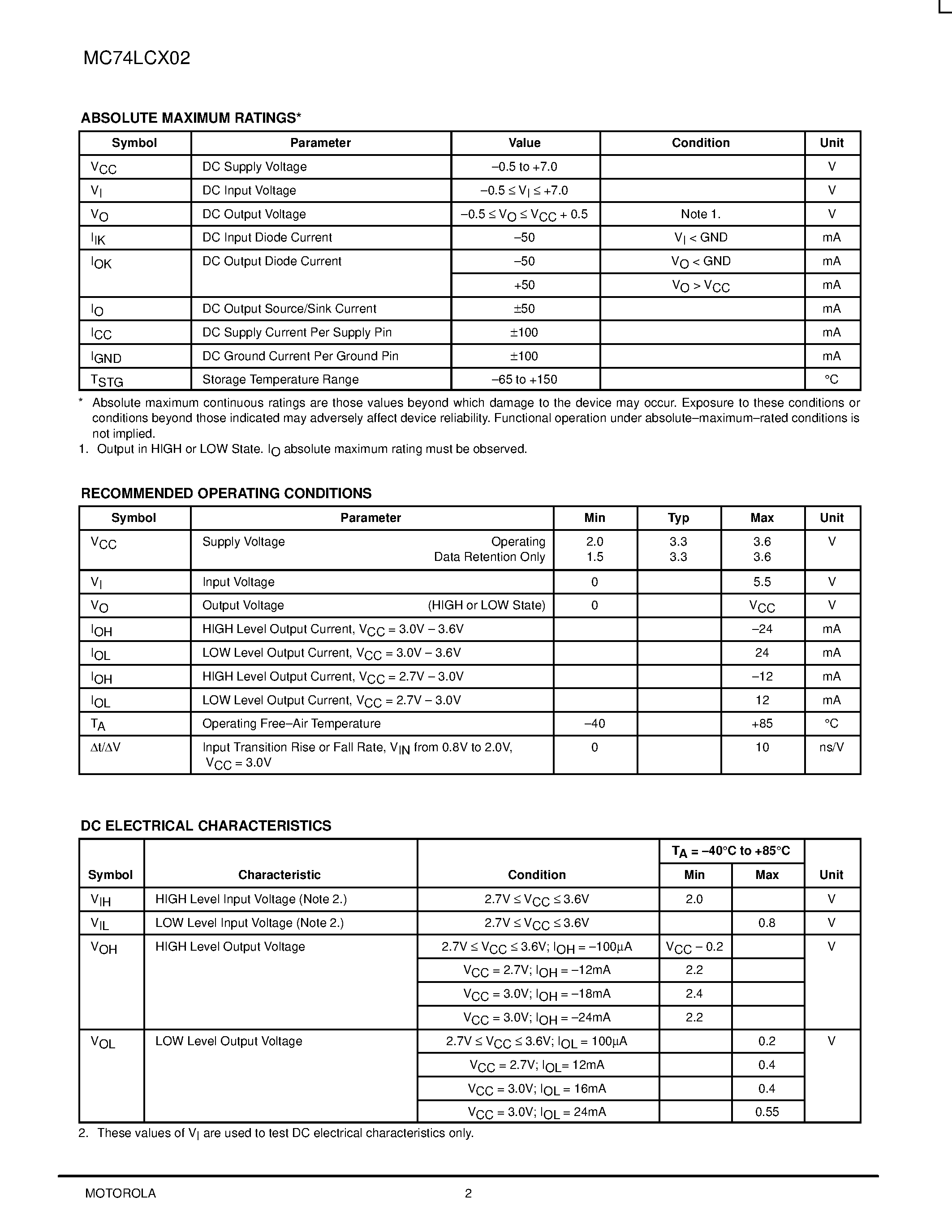 Datasheet 74LCX02 page 2 Datasheet 74LCX02 - LOW-VOLTAGE CMOS QUAD 2-INPUT NOR GATE page 2