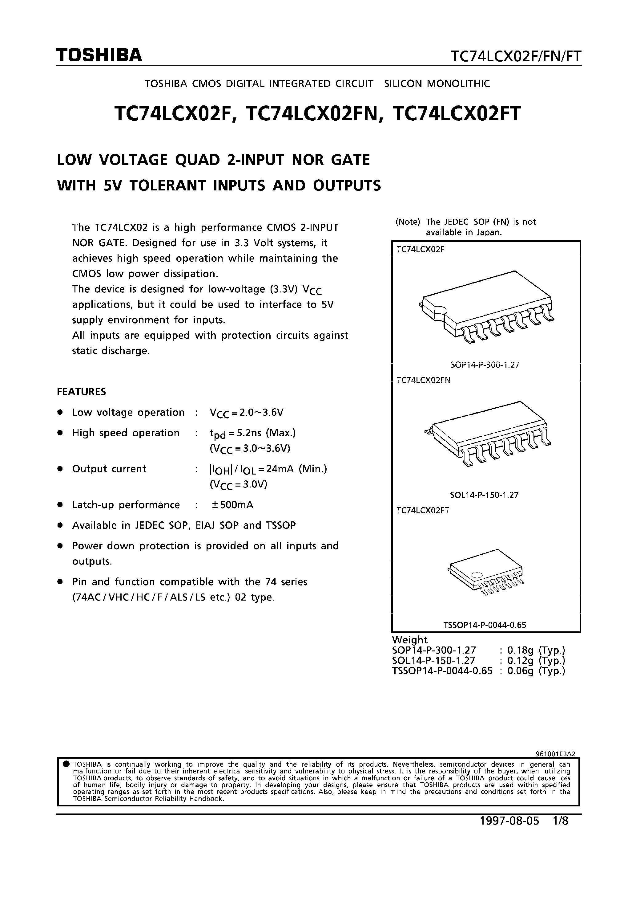Datasheet 74LCX02 - LOW VOLTAGE QUAD 2-INPUT NOR GATE WITH 5V TOLERANT INPUTS AND OUTPUTS page 1