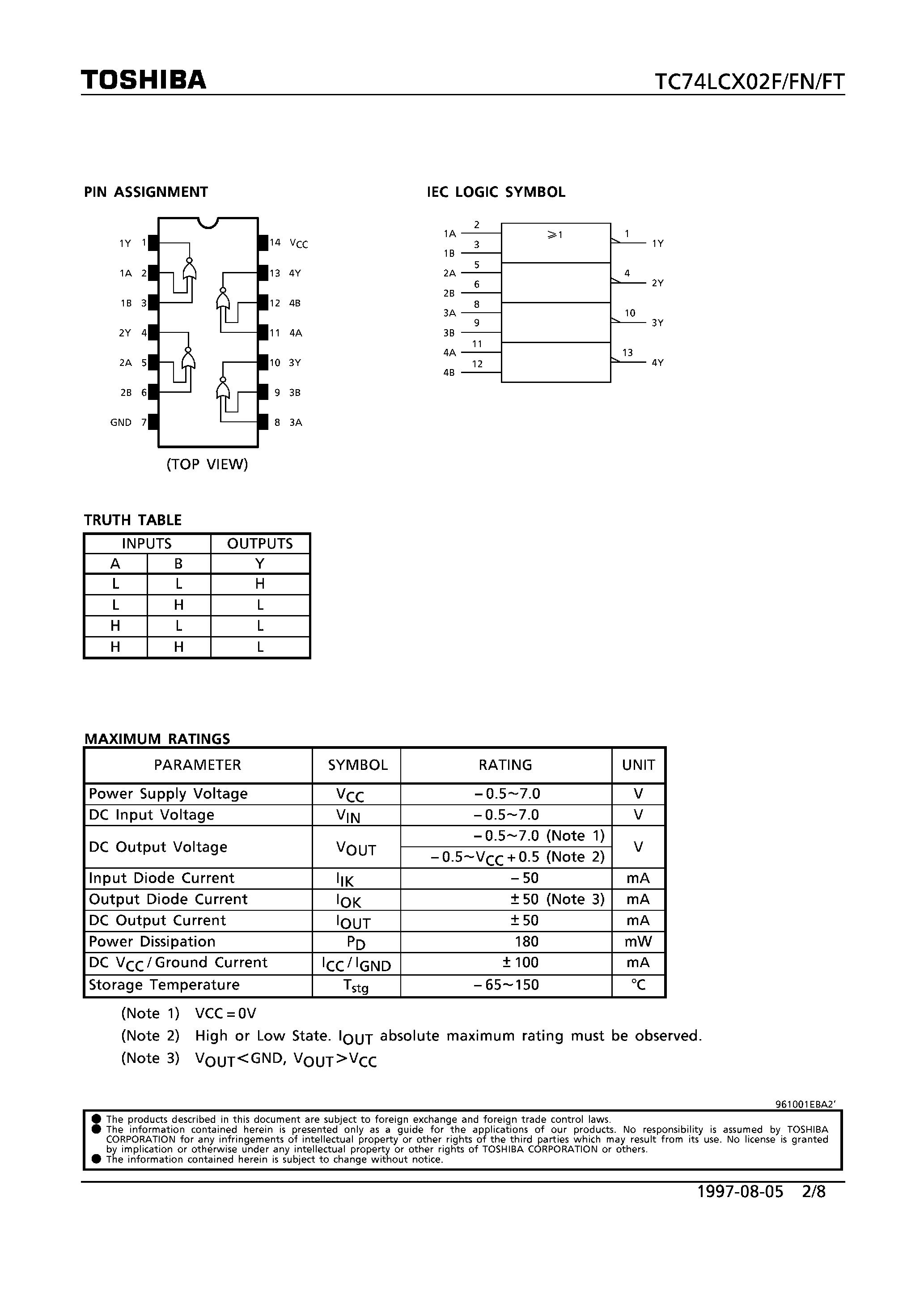 Datasheet 74LCX02 - LOW VOLTAGE QUAD 2-INPUT NOR GATE WITH 5V TOLERANT INPUTS AND OUTPUTS page 2