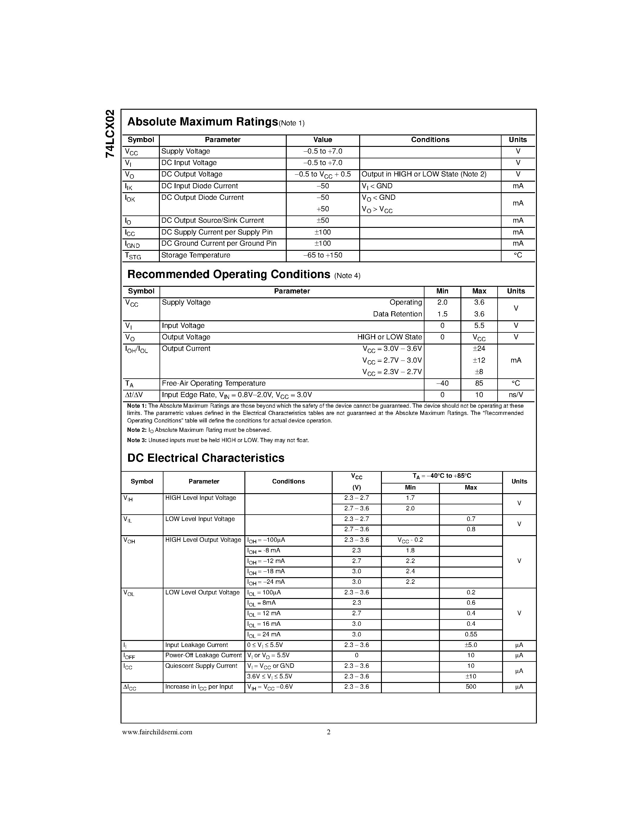 Даташит 74LCX02MTC - Low Voltage Quad 2-Input NOR Gate страница 2
