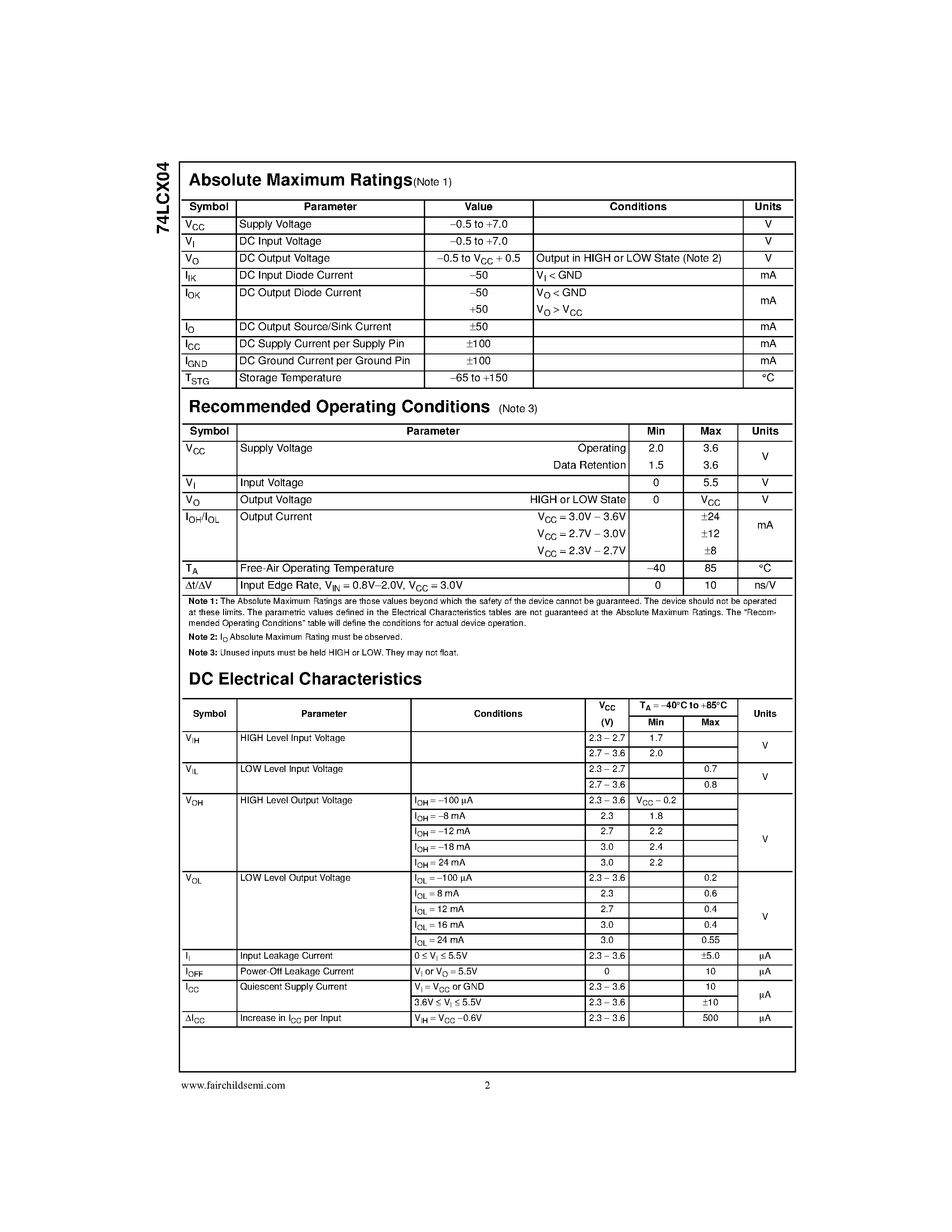 Datasheet 74LCX04 page 2 Datasheet 74LCX04 - Low Voltage Hex Inverter with 5V Tolerant Inputs page 2