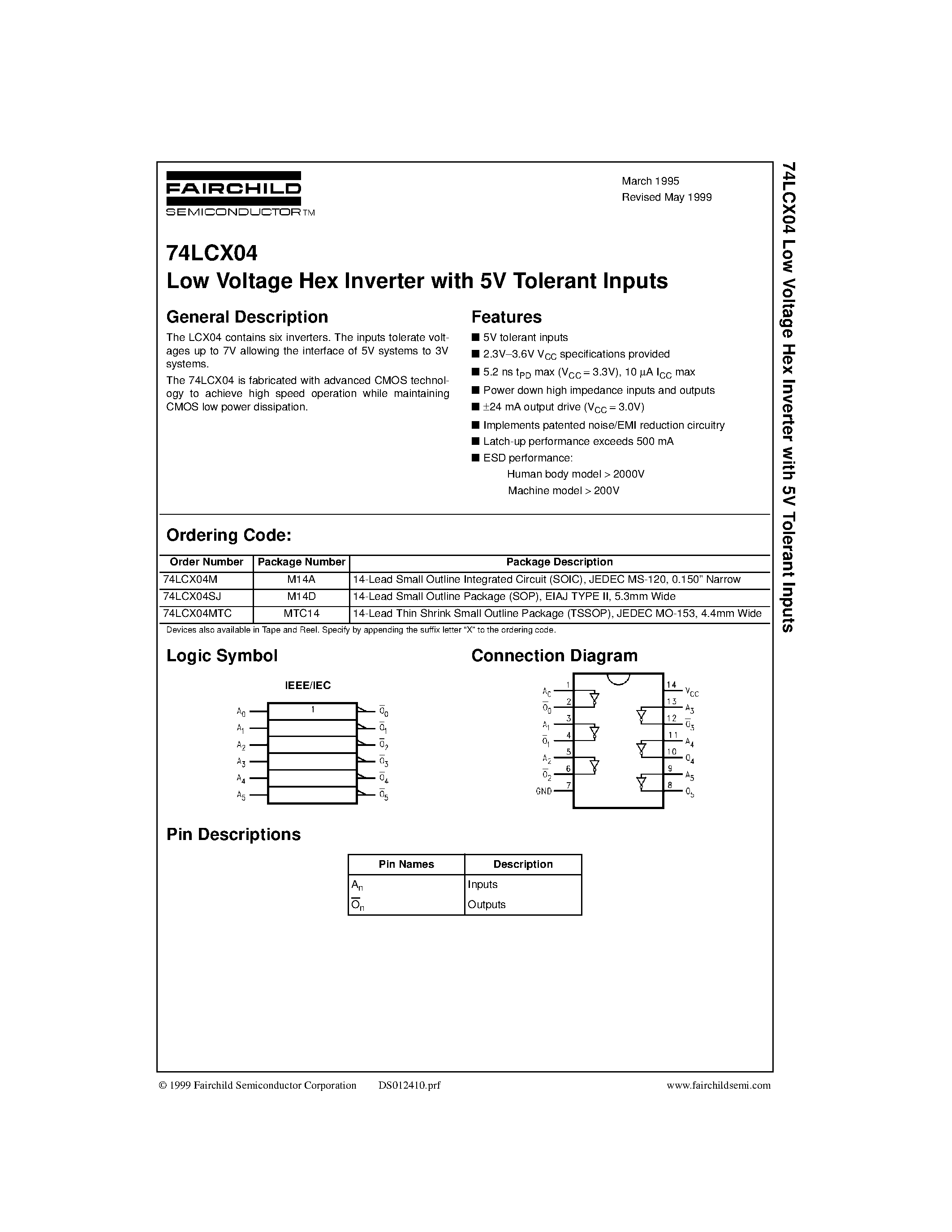 Datasheet 74LCX04M page 1 Datasheet 74LCX04M - Low Voltage Hex Inverter with 5V Tolerant Inputs page 1