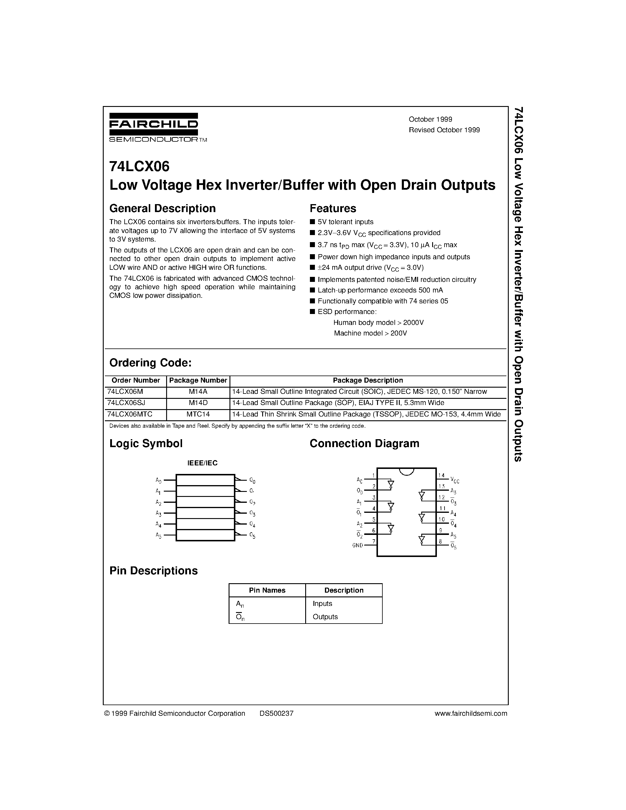 Datasheet 74LCX06MTC - Low Voltage Hex Inverter/Buffer with Open Drain Outputs page 1
