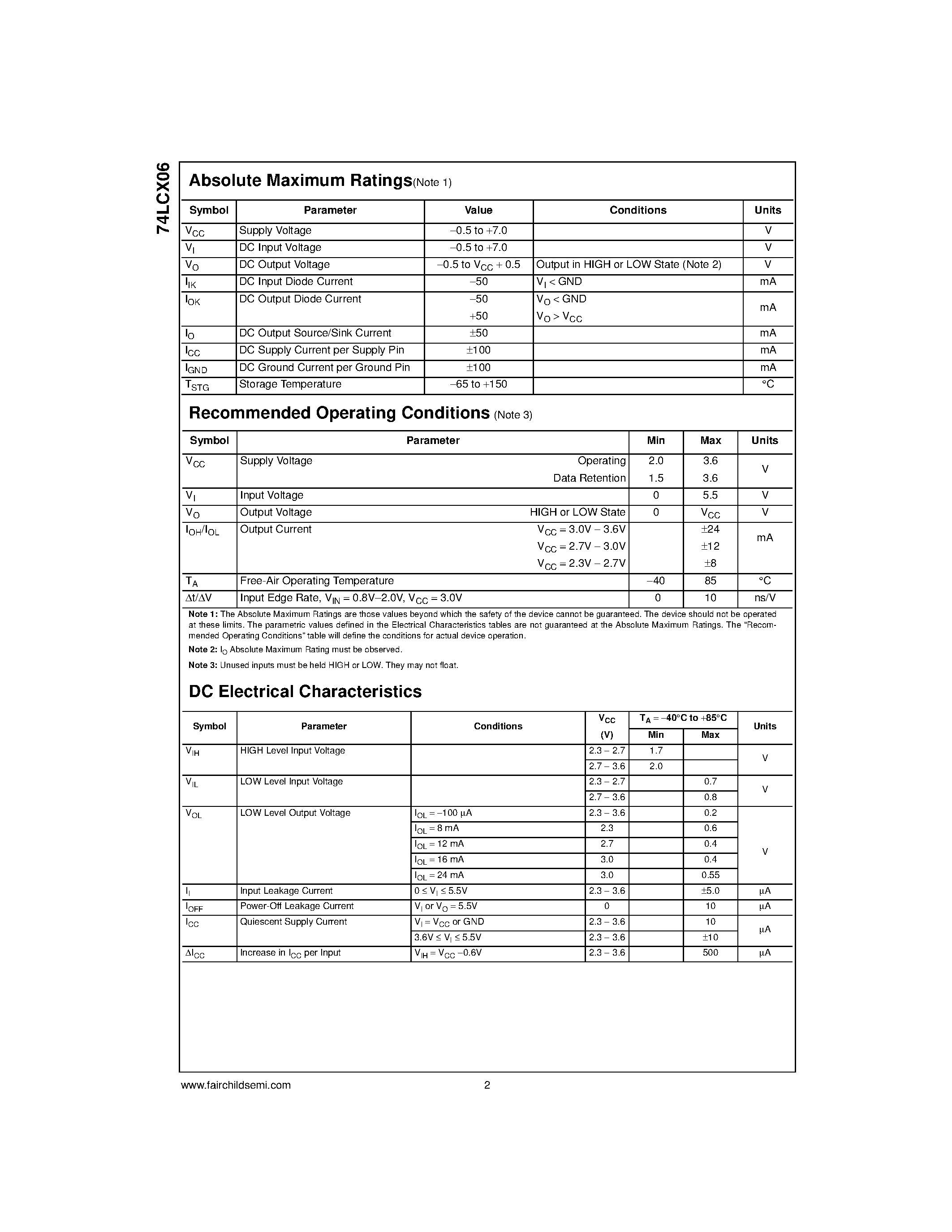 Даташит 74LCX06MTC - Low Voltage Hex Inverter/Buffer with Open Drain Outputs страница 2