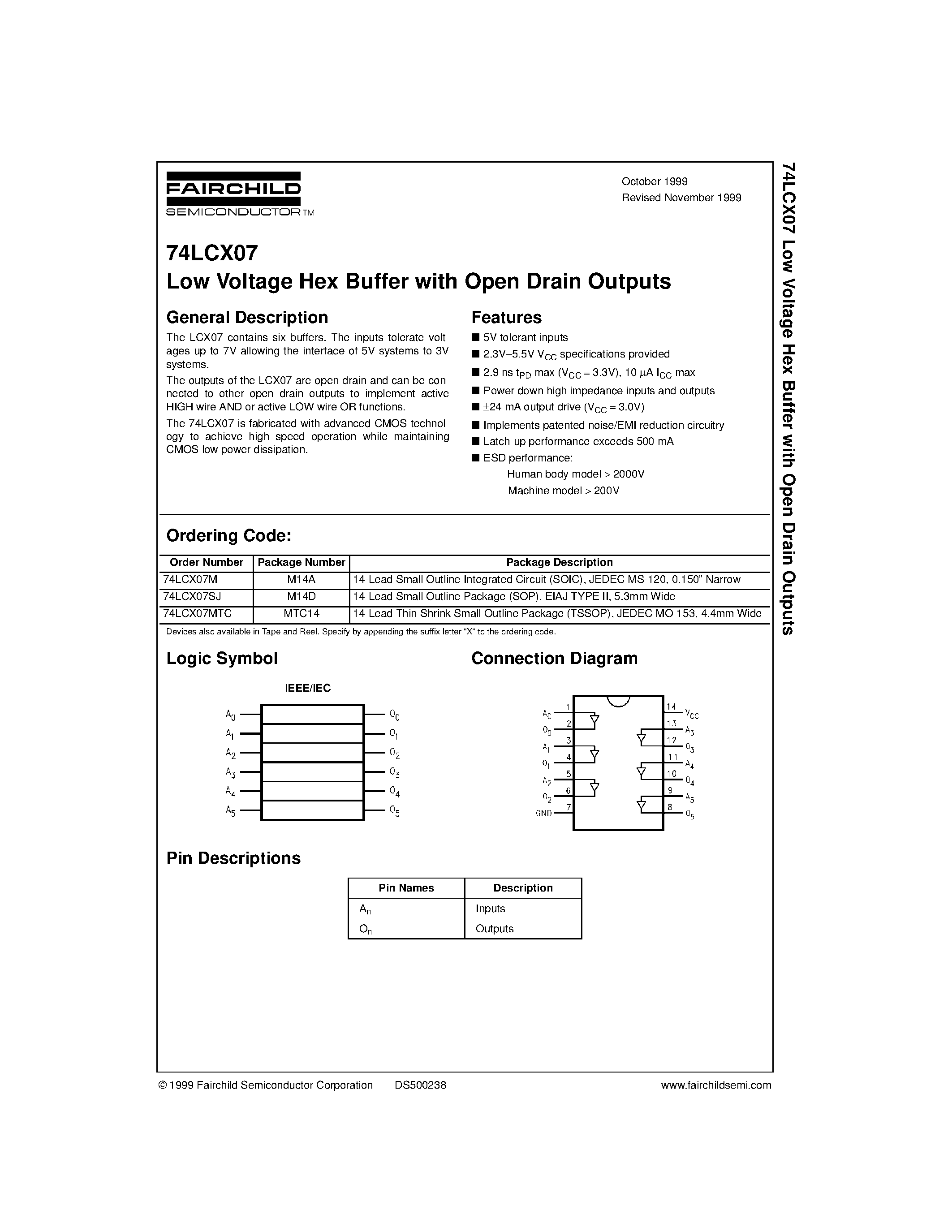 Datasheet 74LCX07 - Low Voltage Hex Buffer with Open Drain Outputs page 1