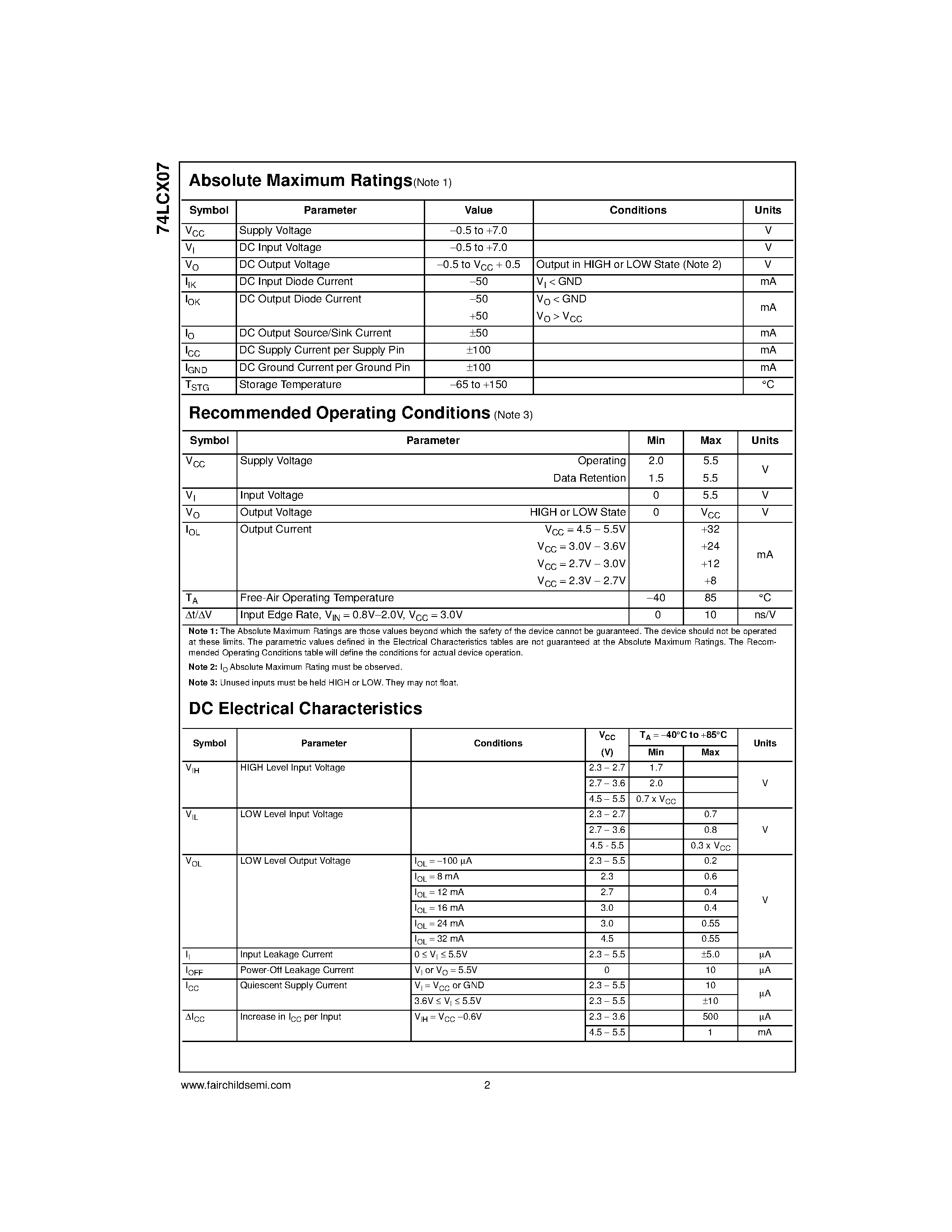 Даташит 74LCX07 - Low Voltage Hex Buffer with Open Drain Outputs страница 2