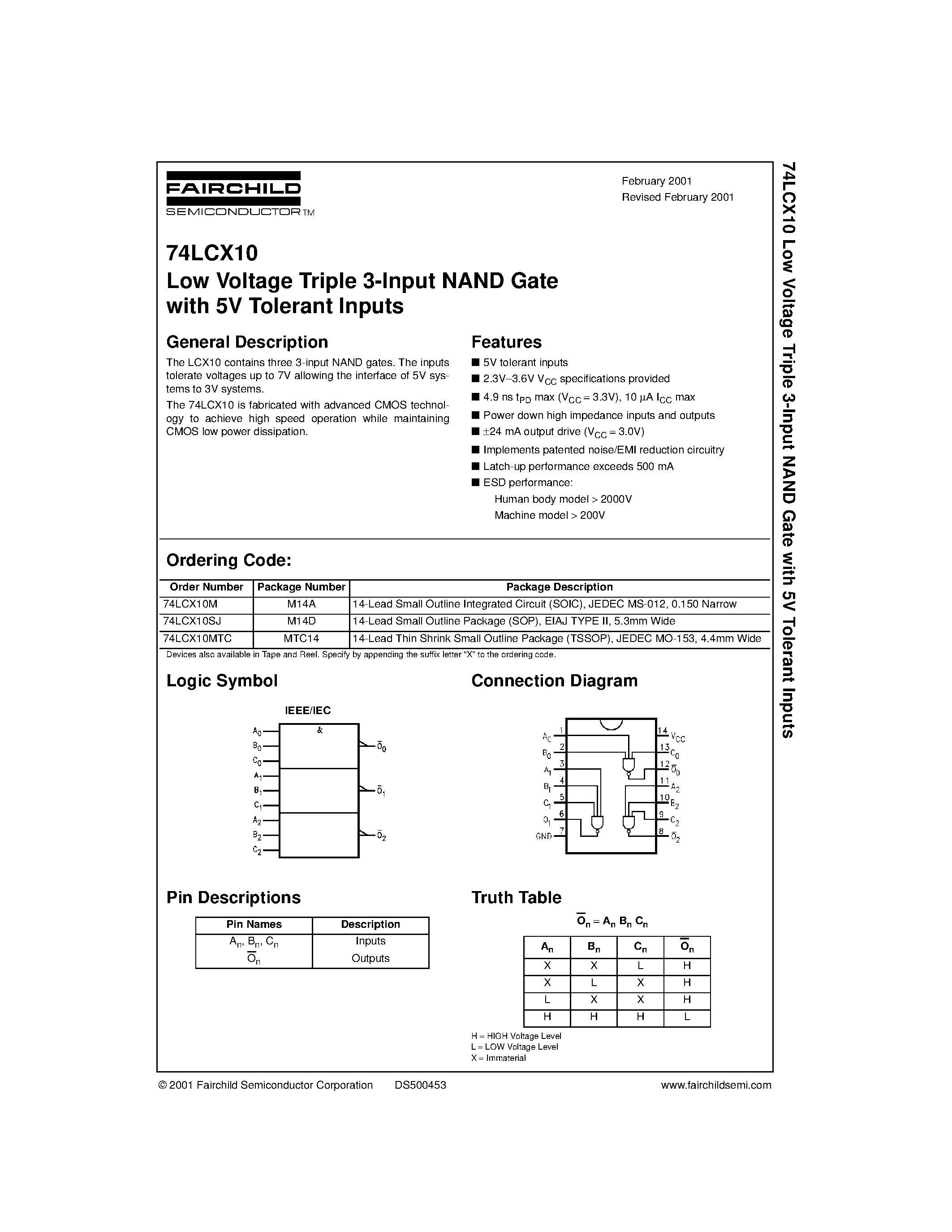 Datasheet 74LCX10 - Low Voltage Triple 3-Input NAND Gate with 5V Tolerant Inputs page 1