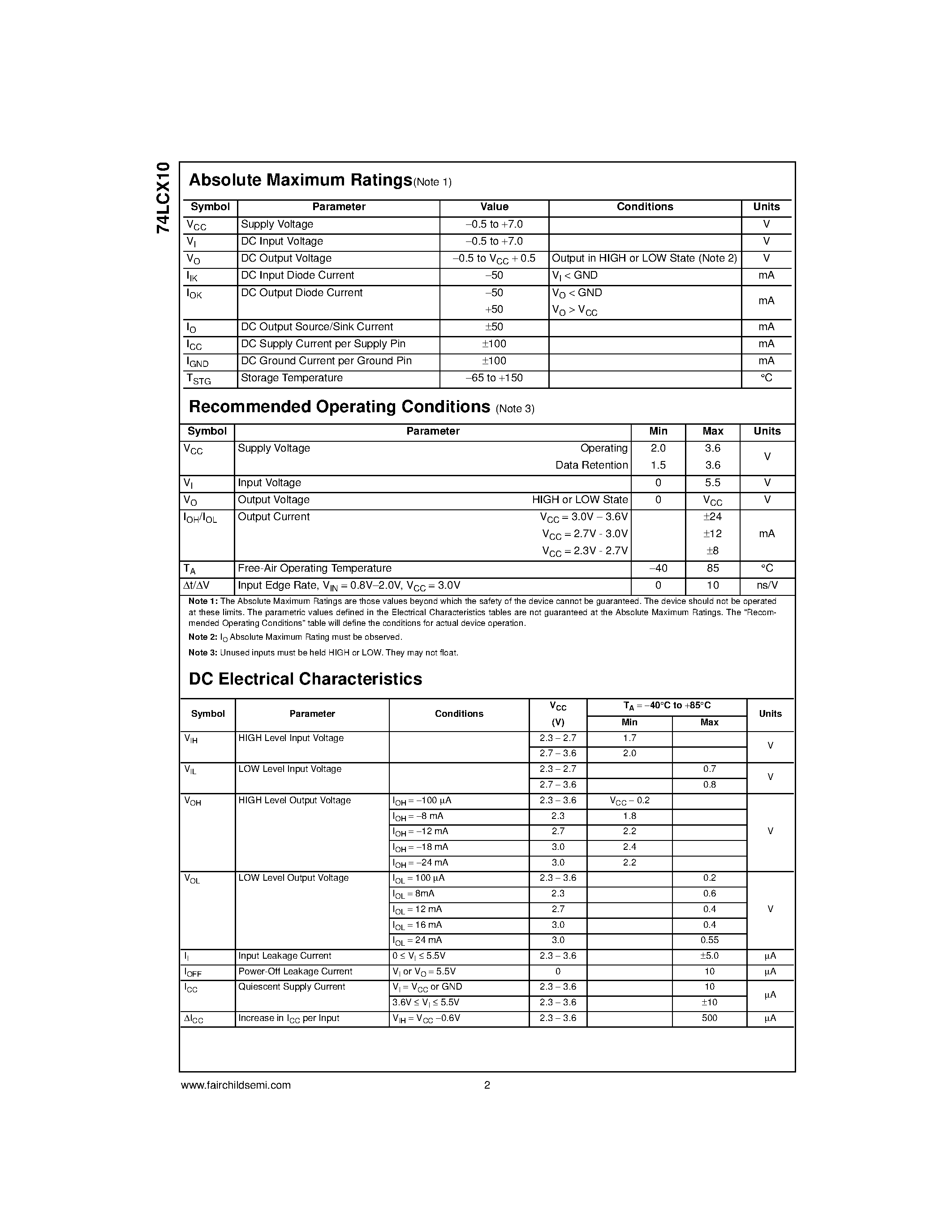 Datasheet 74LCX10 page 2 Datasheet 74LCX10 - Low Voltage Triple 3-Input NAND Gate with 5V Tolerant Inputs page 2