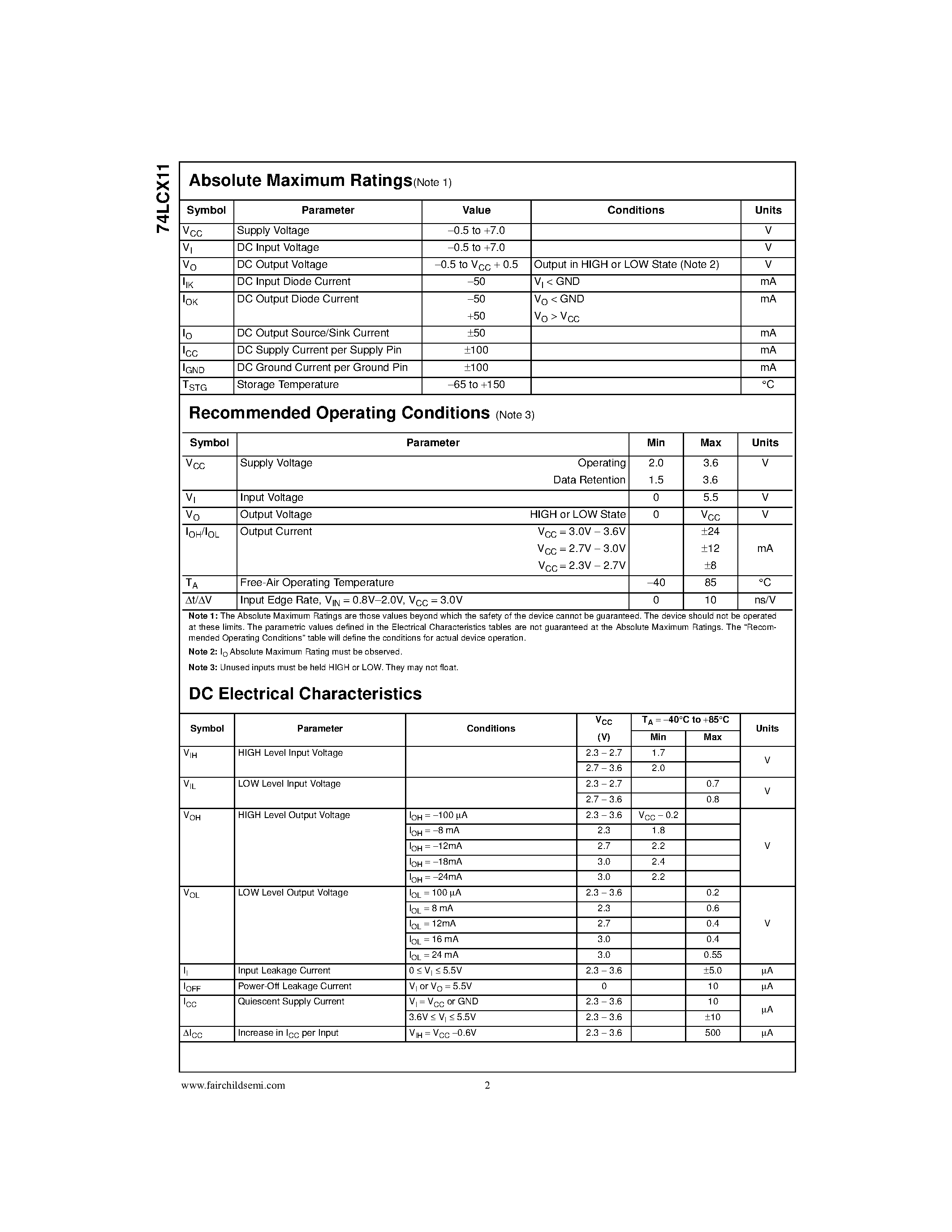 Datasheet 74LCX11 page 2 Datasheet 74LCX11 - Low Voltage Triple 3-Input AND Gate with 5V Tolerant Inputs page 2