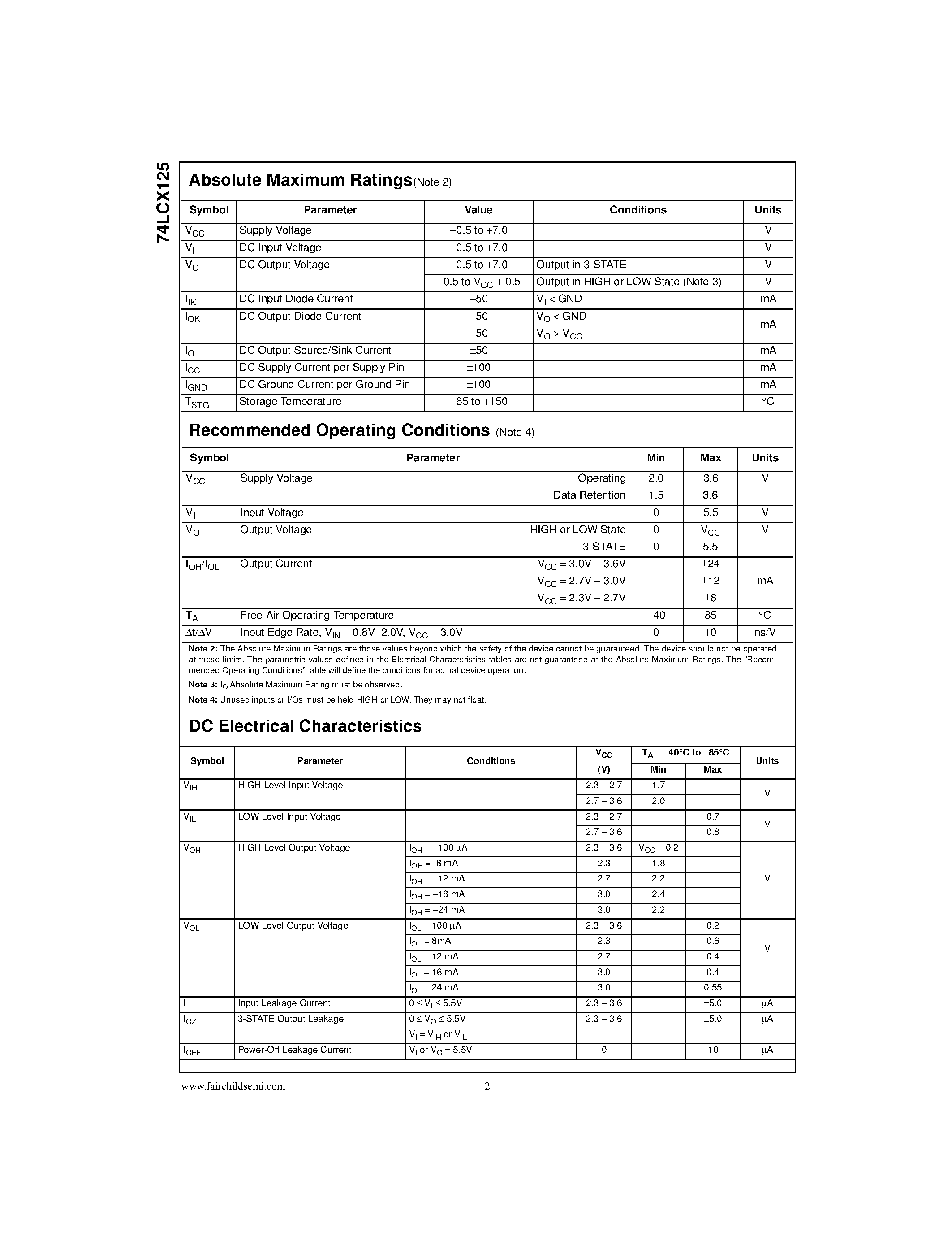 Datasheet 74LCX125M page 2 Datasheet 74LCX125M - Low Voltage Quad Buffer with 5V Tolerant Inputs and Outputs page 2
