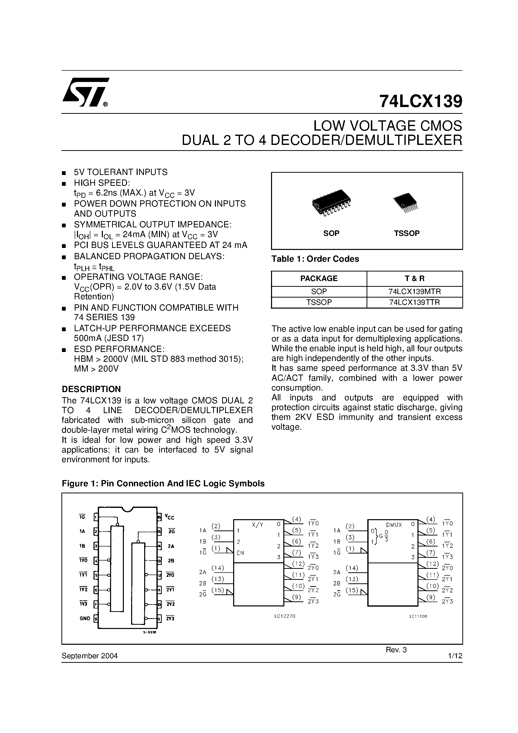 Datasheet 74LCX139TTR - LOW VOLTAGE CMOS DUAL 2 TO 4 DECODER/DEMULTIPLEXER page 1
