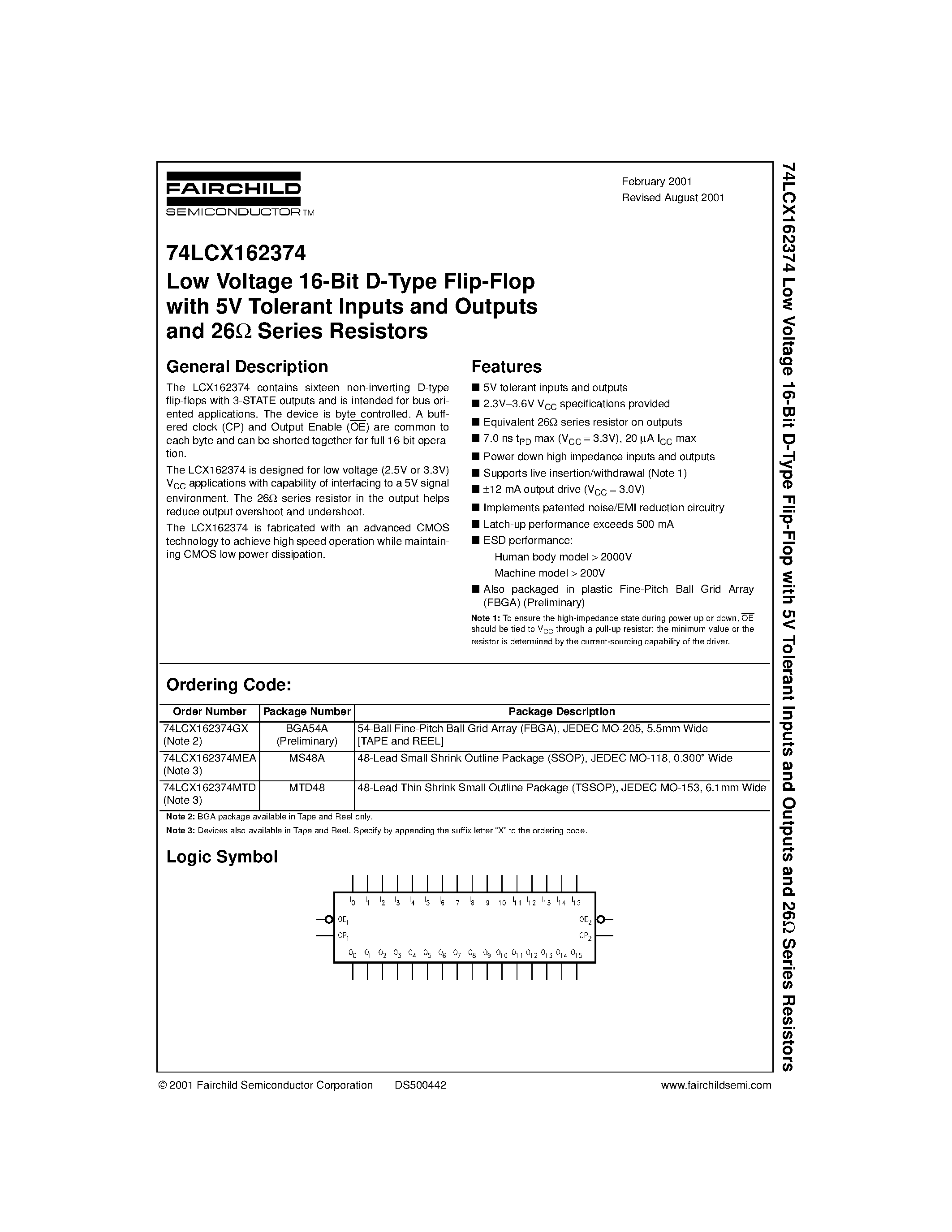 Даташит 74LCX162374MEA - Low Voltage 16-Bit D-Type Flip-Flop with 5V Tolerant Inputs and Outputs and 26 Series Resistors страница 1