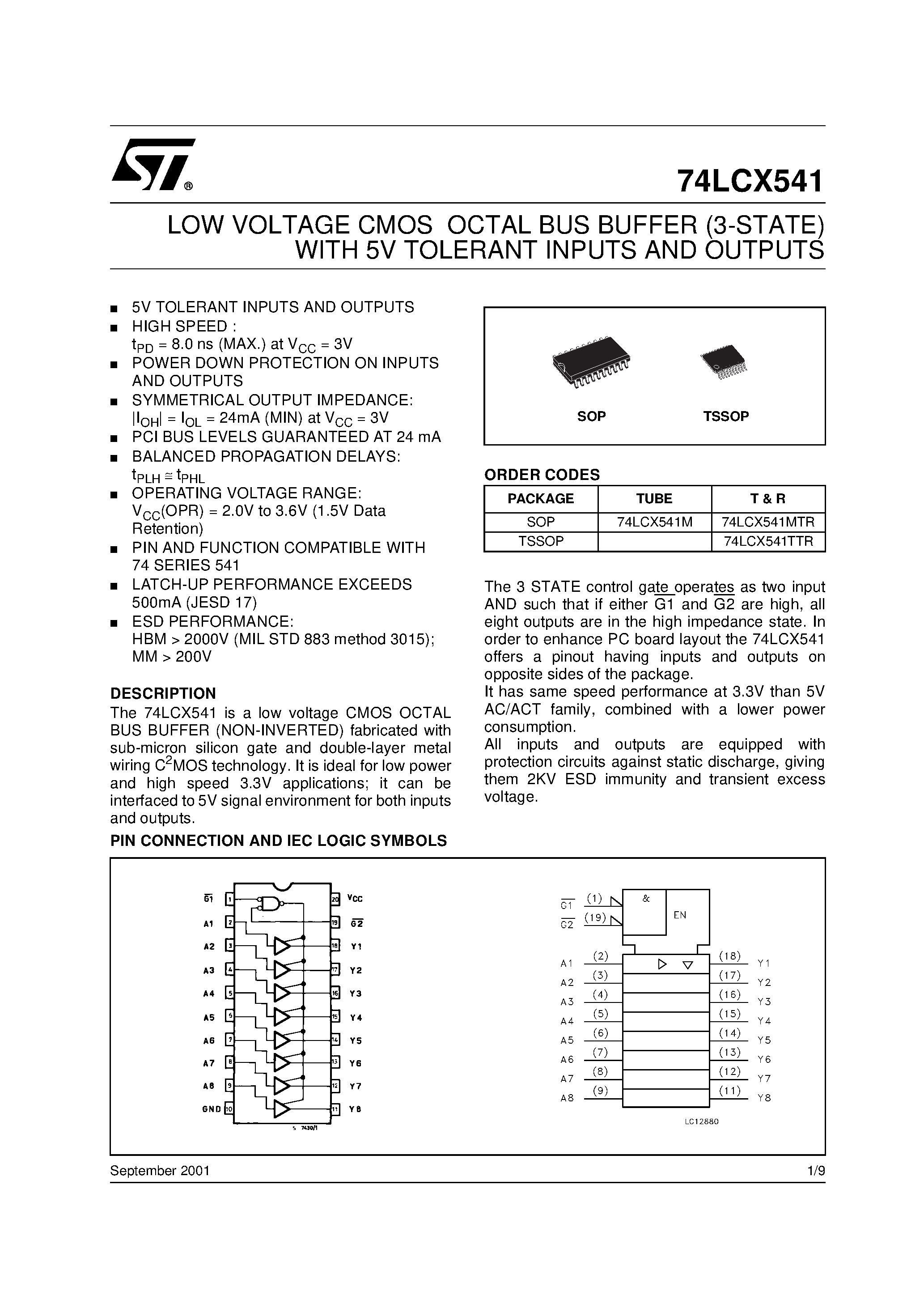 Даташит на микросхему 74LCX541MTR страница 1 Даташит 74LCX541MTR - LOW VOLTAGE CMOS OCTAL BUS BUFFER (3-STATE) WITH 5V TOLERANT INPUTS AND OUTPUTS страница 1
