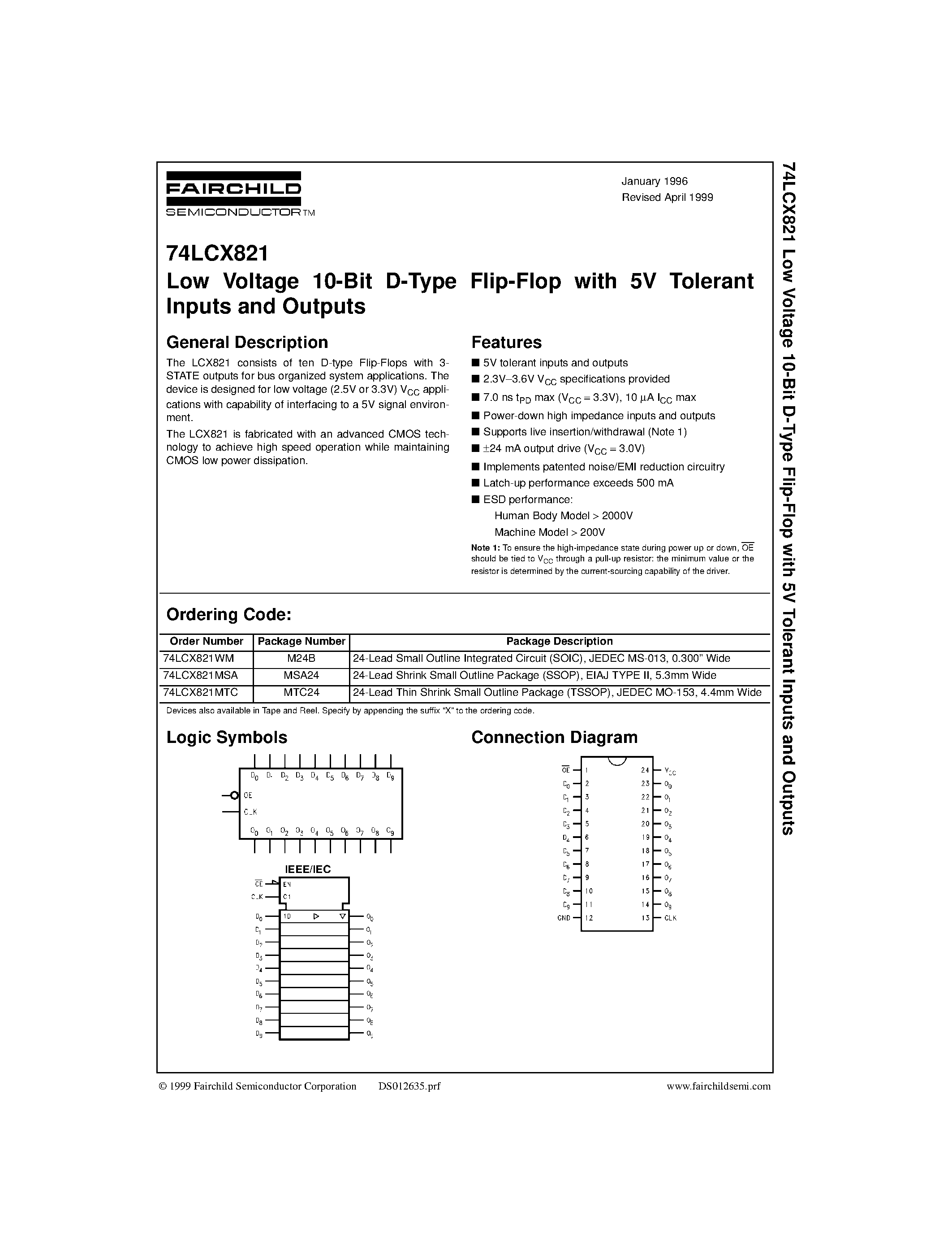 Даташит 74LCX821 - Low Voltage 10-Bit D-Type Flip-Flop with 5V Tolerant Inputs and Outputs страница 1