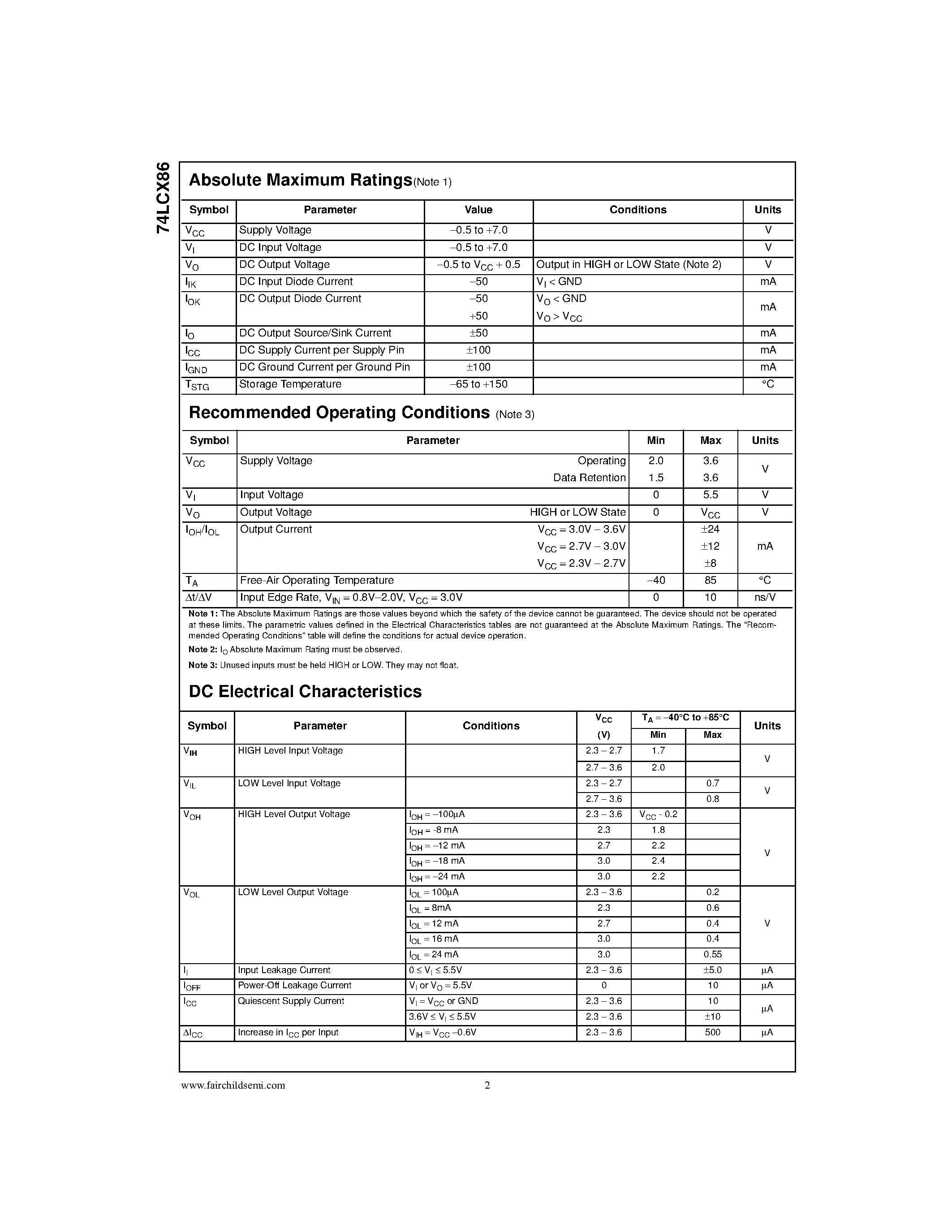 Datasheet 74LCX86 - Low Voltage Quad 2-Input Exclusive-OR Gate with 5V Tolerant Inputs page 2