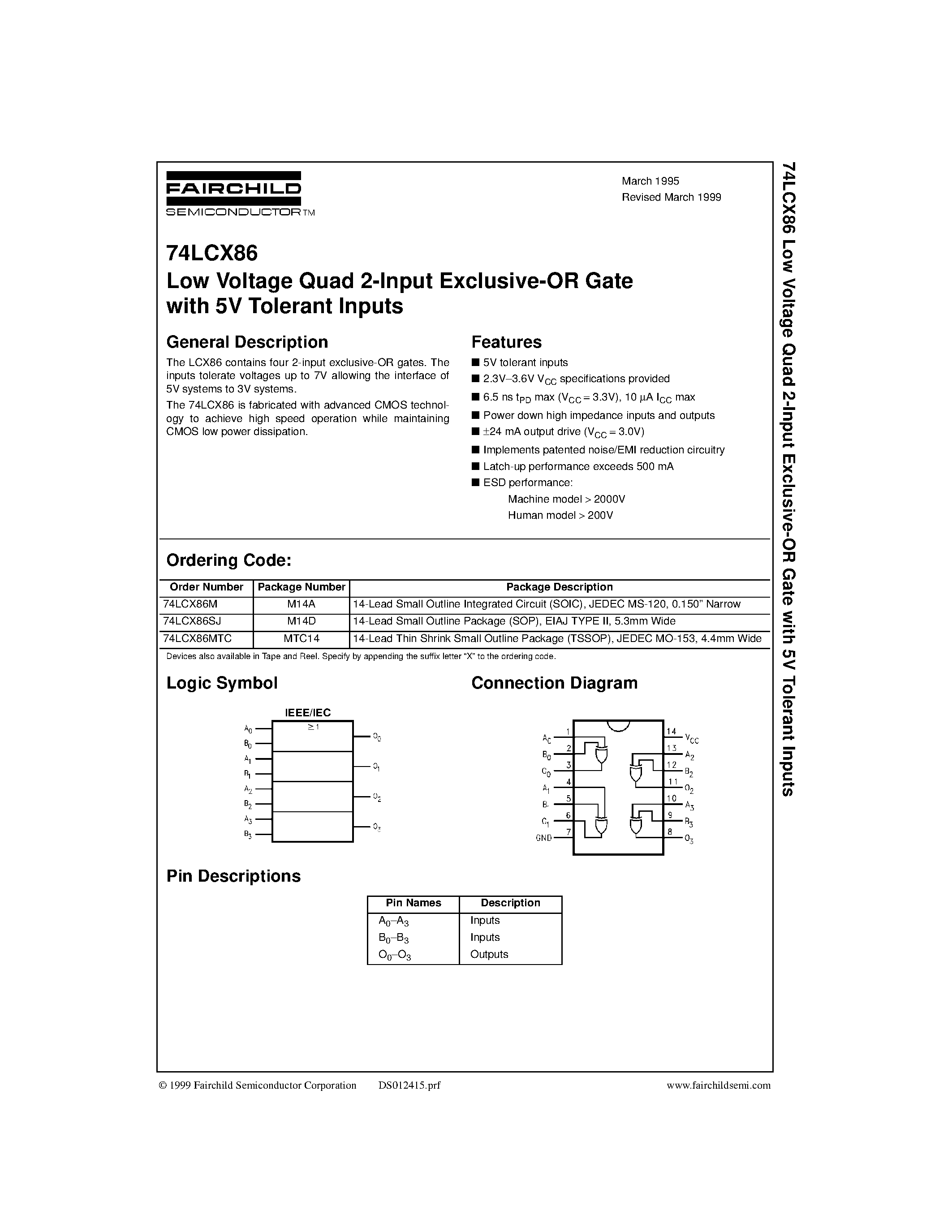 Datasheet 74LCX86MTC - Low Voltage Quad 2-Input Exclusive-OR Gate with 5V Tolerant Inputs page 1