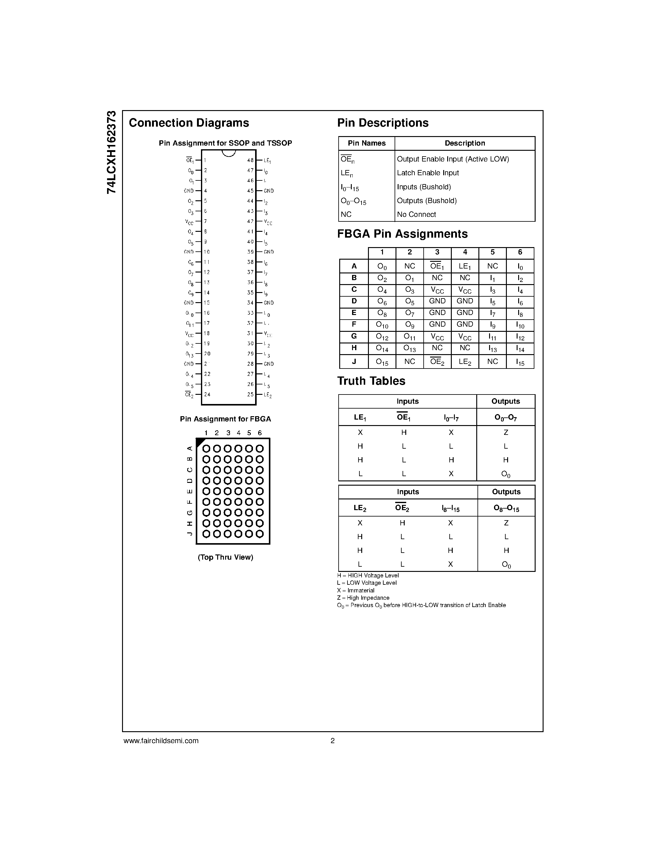 Даташит 74LCXH162373MEA - Low Voltage 16-Bit Transparent Latch with Bushold and 26 Series Resistor Outputs страница 2