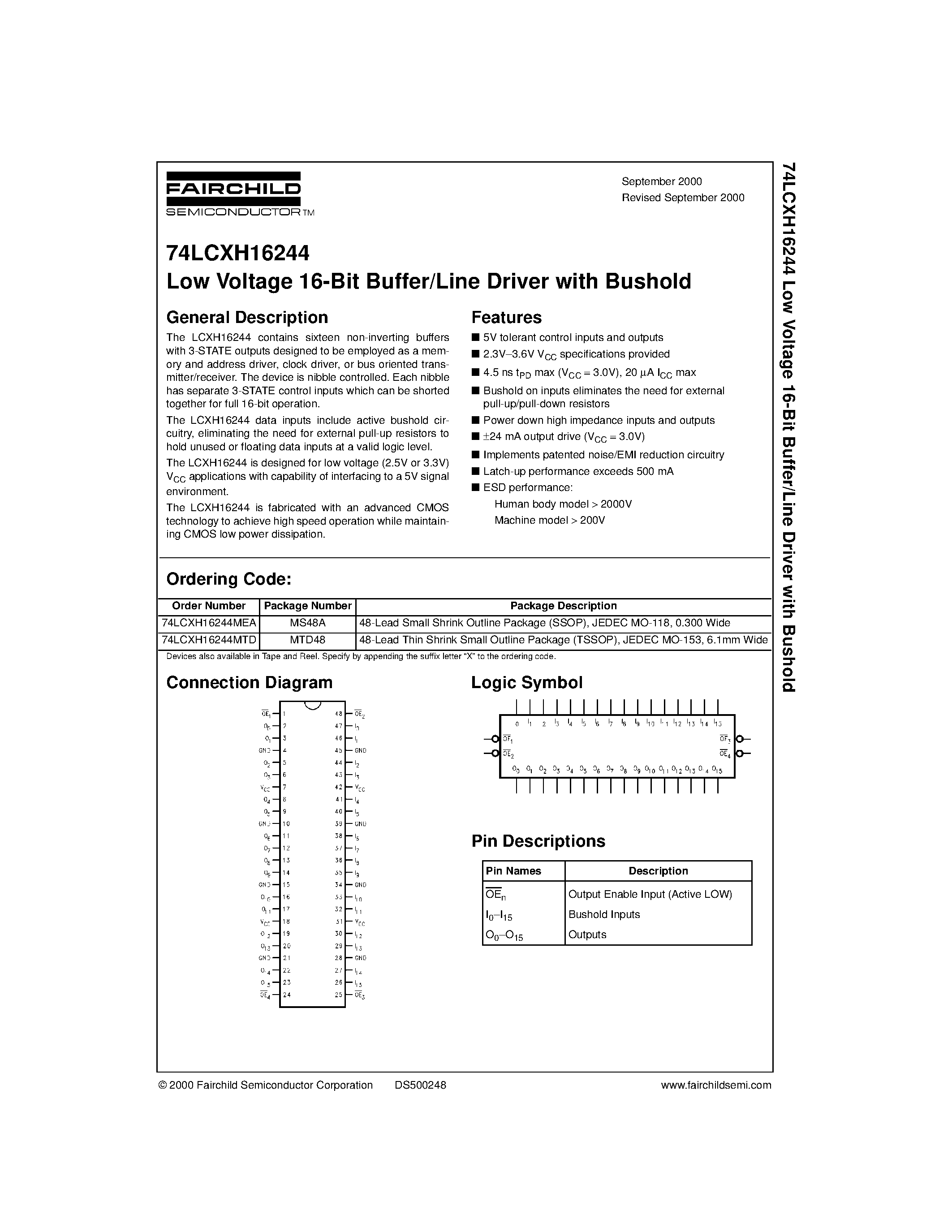 Datasheet 74LCXH16244 page 1 Datasheet 74LCXH16244 - Low Voltage 16-Bit Buffer/Line Driver with Bushold page 1