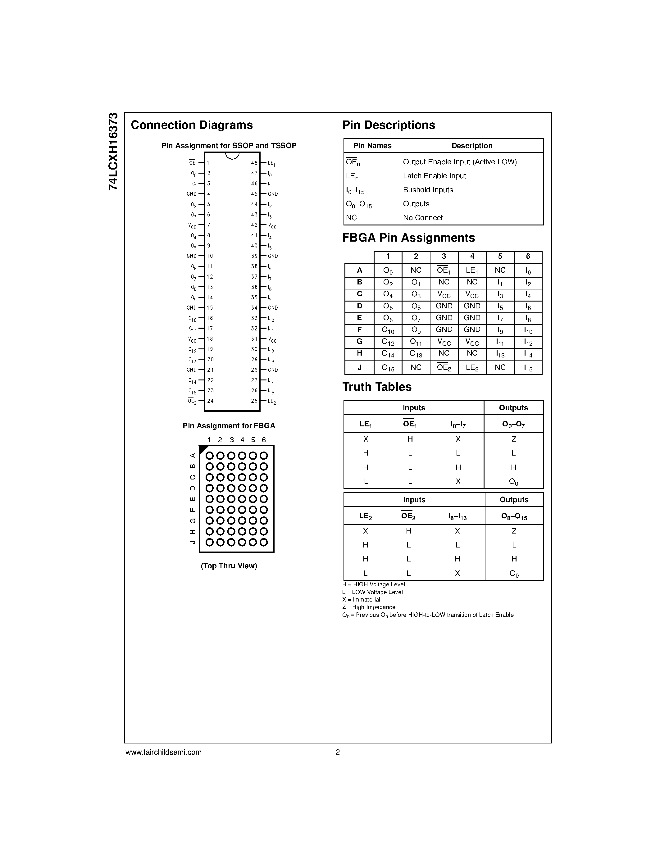 Datasheet 74LCXH16373MEA page 2 Datasheet 74LCXH16373MEA - Low Voltage 16-Bit Transparent Latch with Bushold page 2