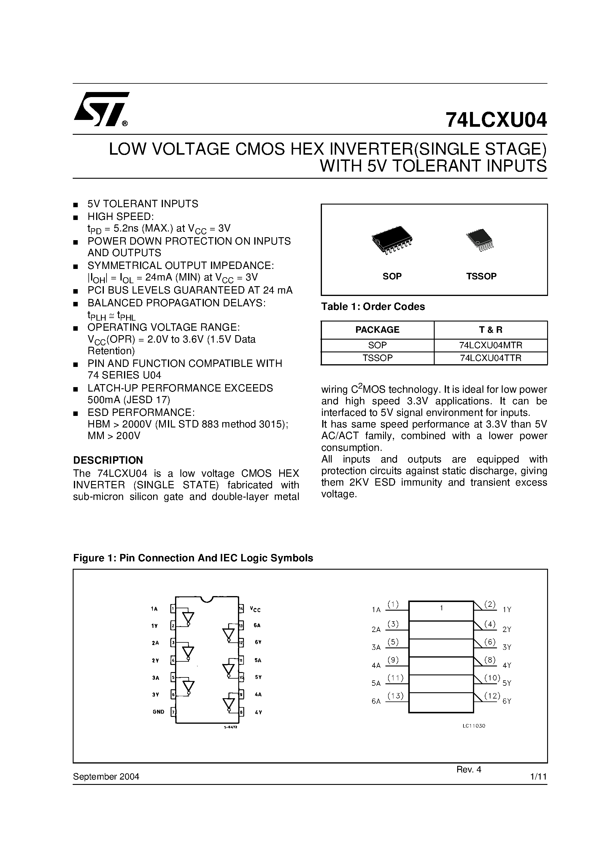 Datasheet 74LCXU04TTR - LOW VOLTAGE CMOS HEX INVERTER(SINGLE STAGE) WITH 5V TOLERANT INPUTS page 1