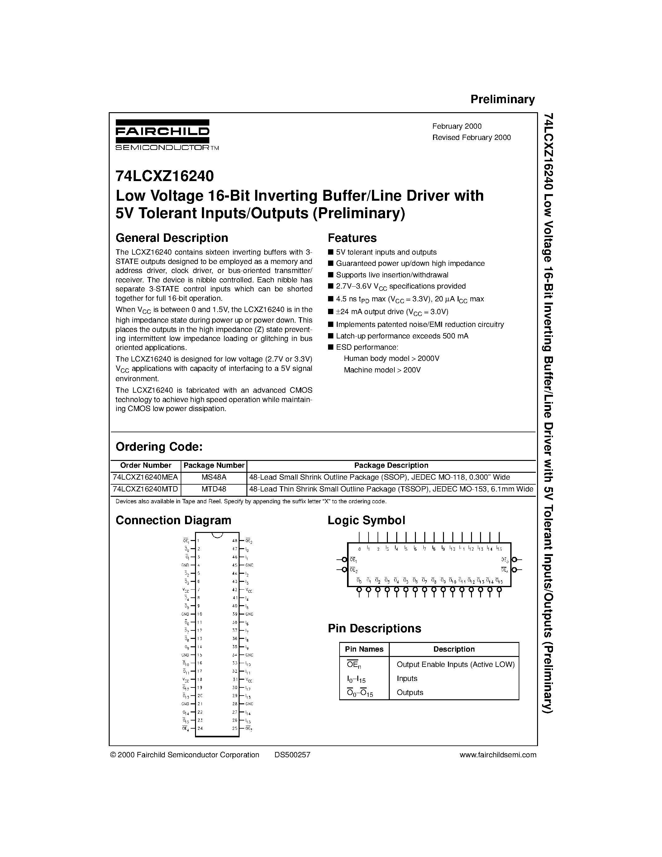 Даташит 74LCXZ16240MEA - Low Voltage 16-Bit Inverting Buffer/Line Driver with 5V Tolerant Inputs/Outputs (Preliminary) страница 1