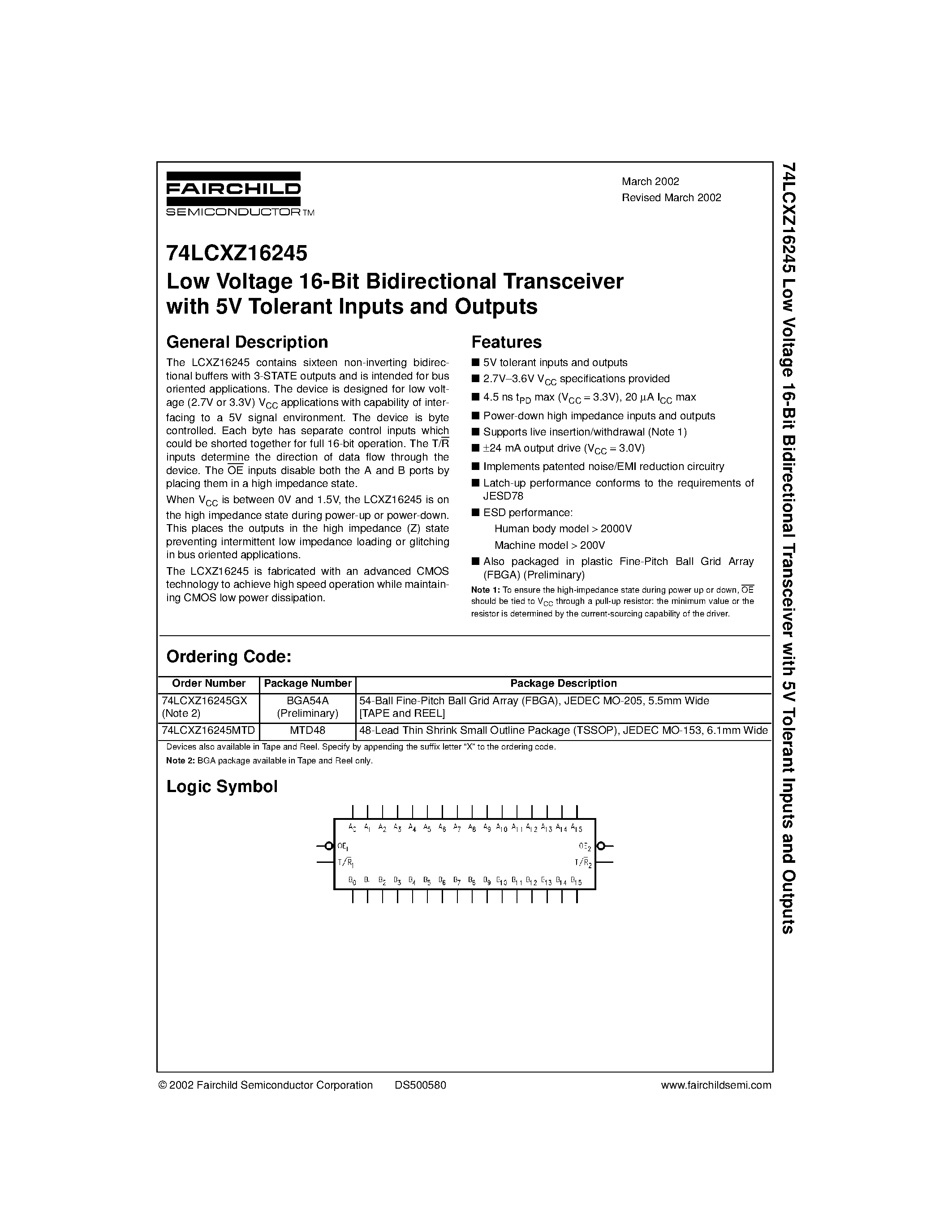 Datasheet 74LCXZ16245 - Low Voltage 16-Bit Bidirectional Transceiver with 5V Tolerant Inputs and Outputs page 1