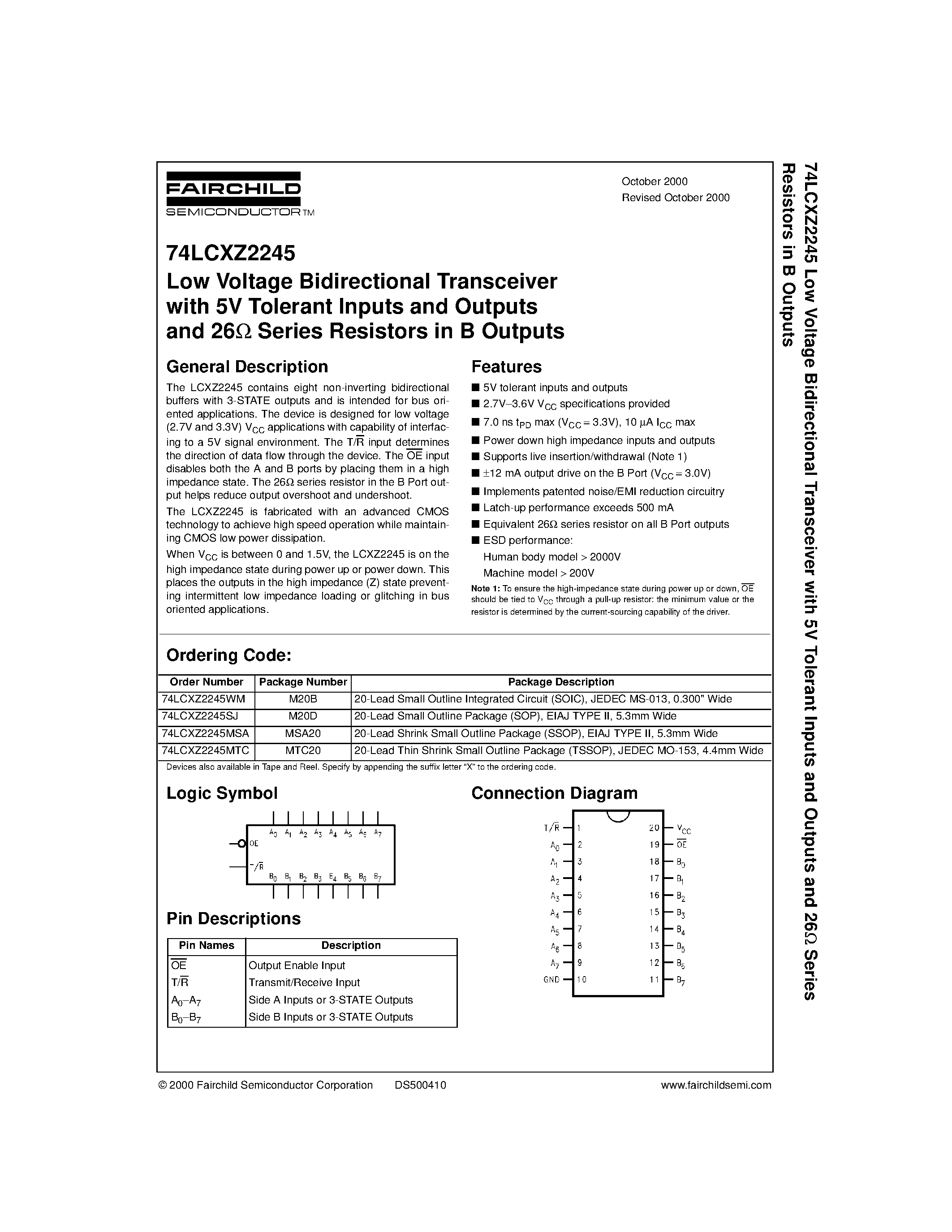 Datasheet 74LCXZ2245WM - Low Voltage Bidirectional Transceiver with 5V Tolerant Inputs and Outputs and 26 Series Resistors in B Outputs page 1