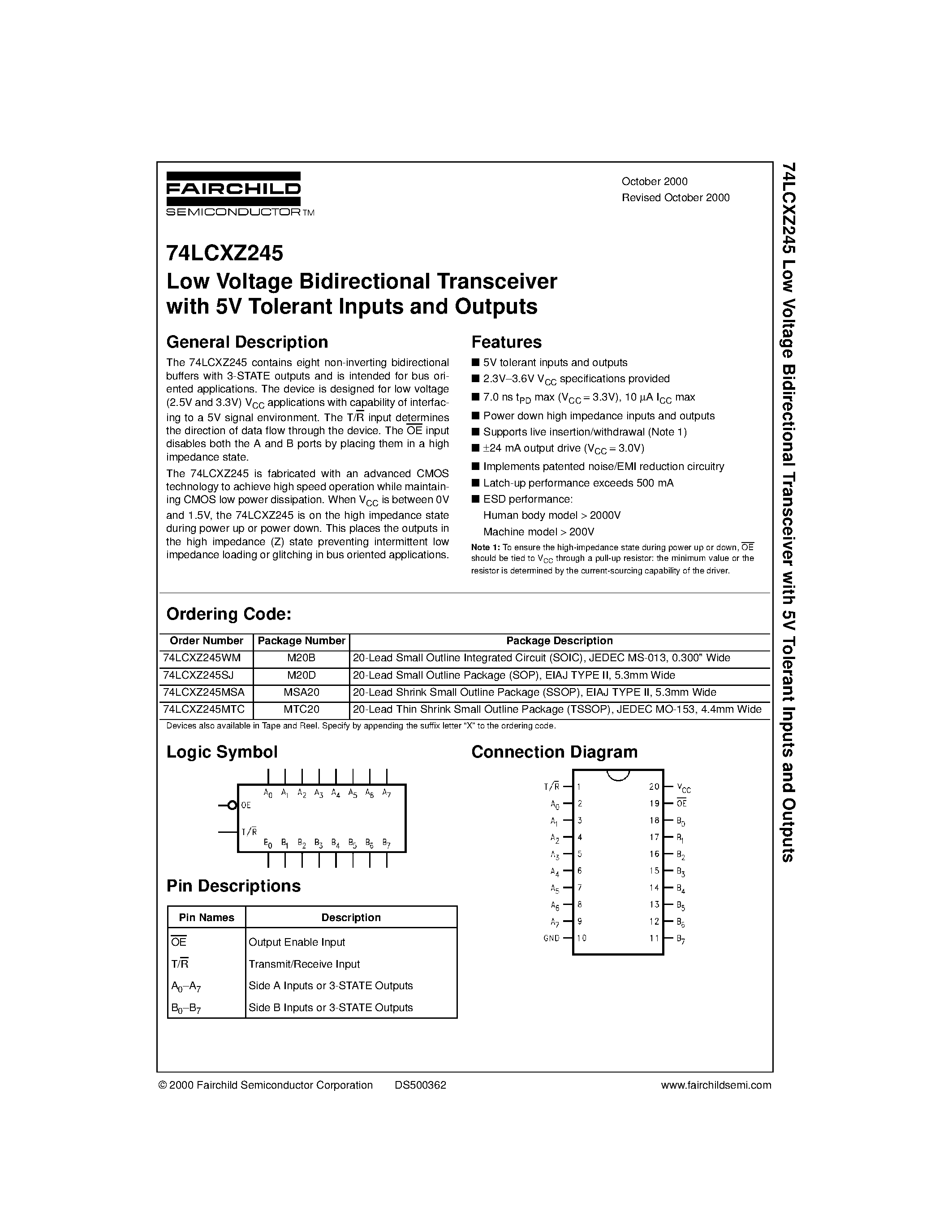Datasheet 74LCXZ245WM - Low Voltage Bidirectional Transceiver with 5V Tolerant Inputs and Outputs page 1