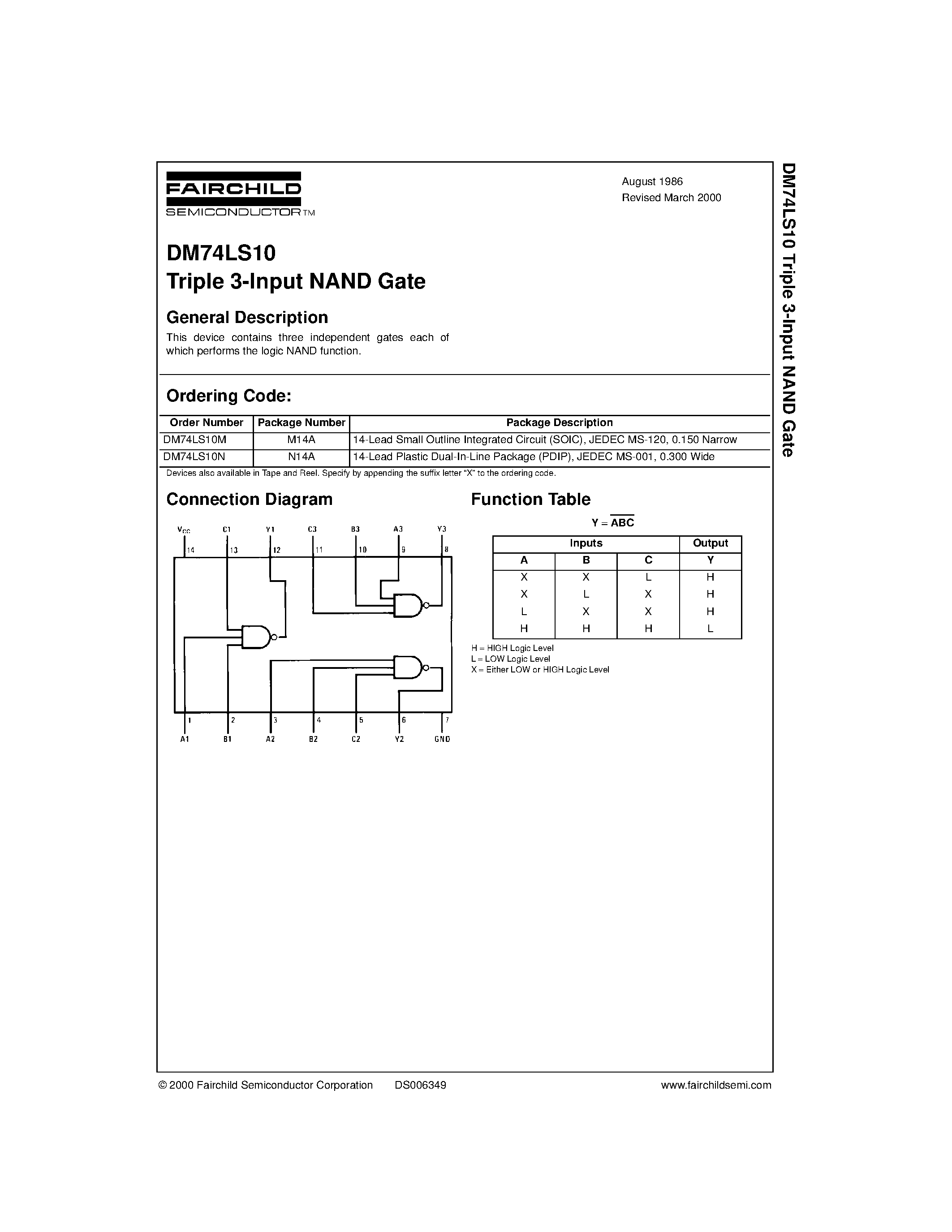 Datasheet 74LS10 page 1 Datasheet 74LS10 - Triple 3-Input NAND Gate page 1