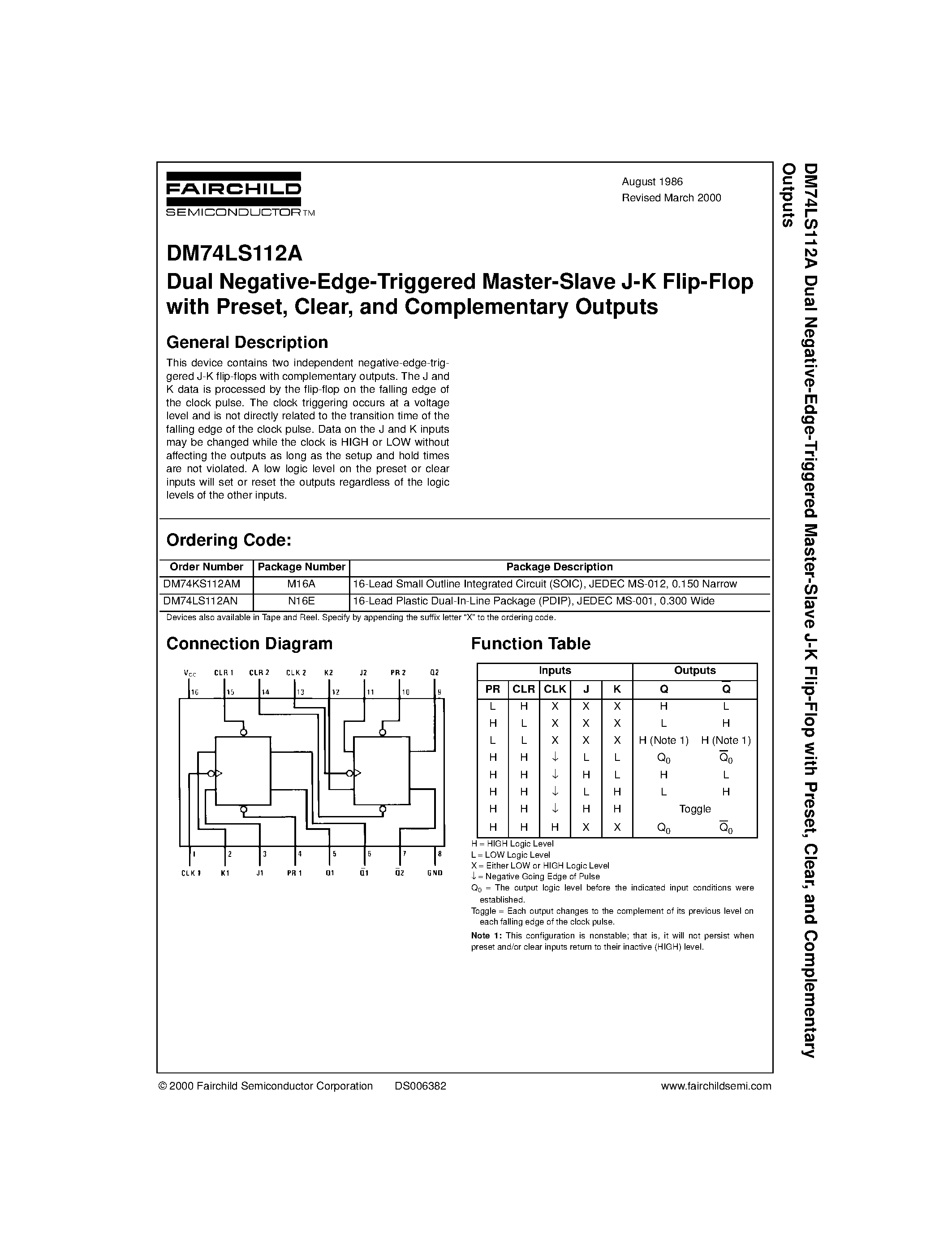 Datasheet 74LS112 - Dual Negative-Edge-Triggered Master-Slave J-K Flip-Flop with Preset/ Clear/ and Complementary Outputs page 1