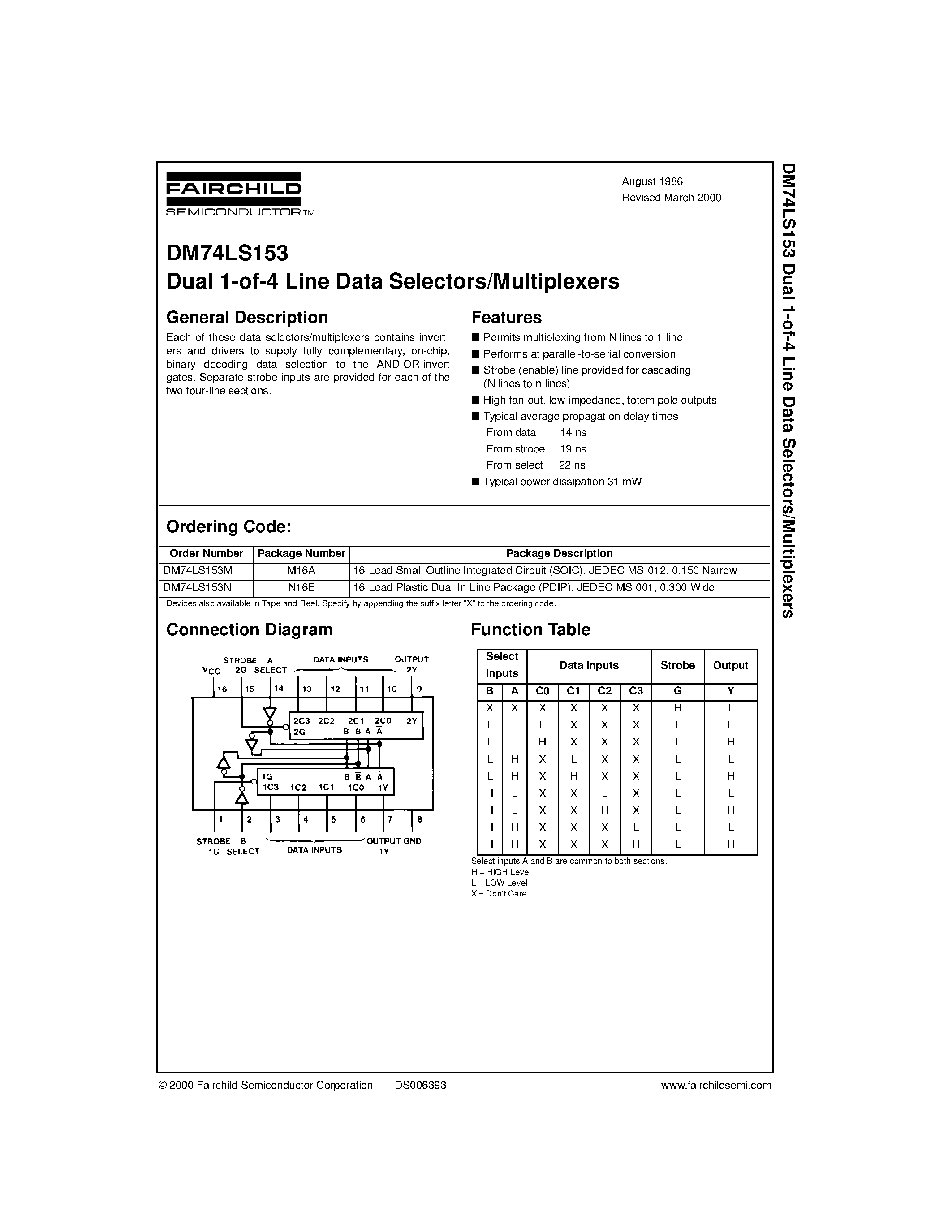 Datasheet 74LS153 - Dual 1-of-4 Line Data Selectors/Multiplexers page 1