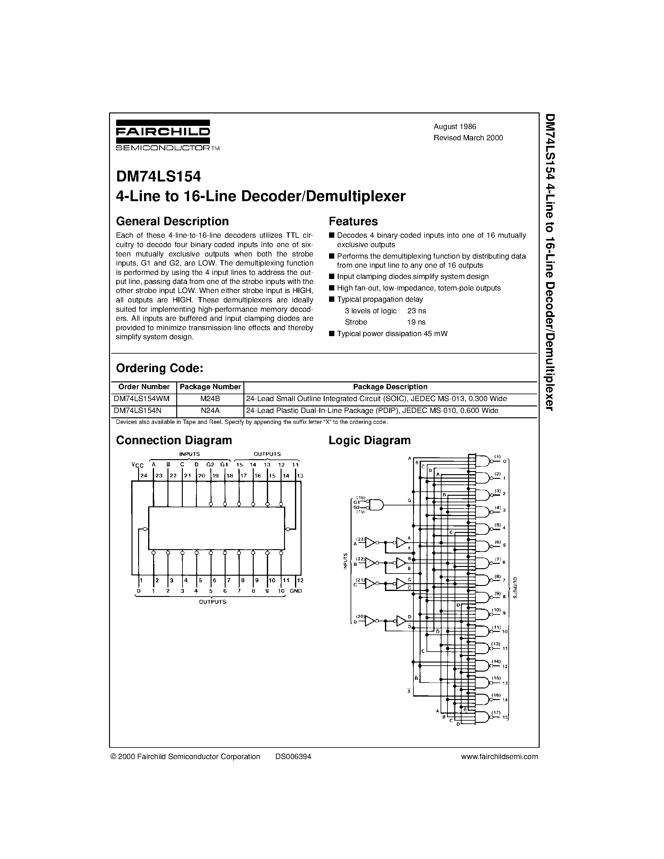 Datasheet 74LS154 - 4-Line to 16-Line Decoder/Demultiplexer page 1