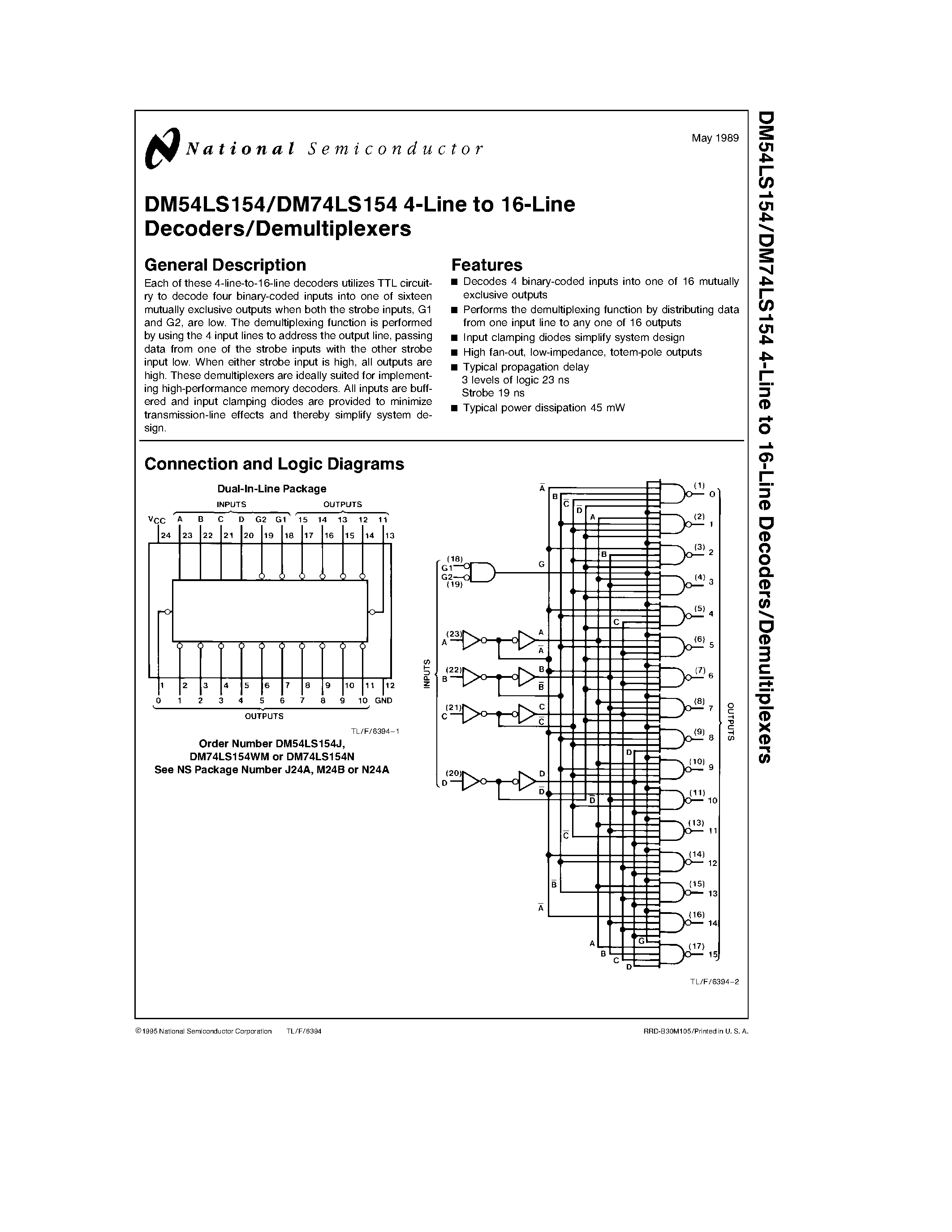 Даташит 74LS154 - 4-Line to 16-Line Decoders/Demultiplexers страница 1