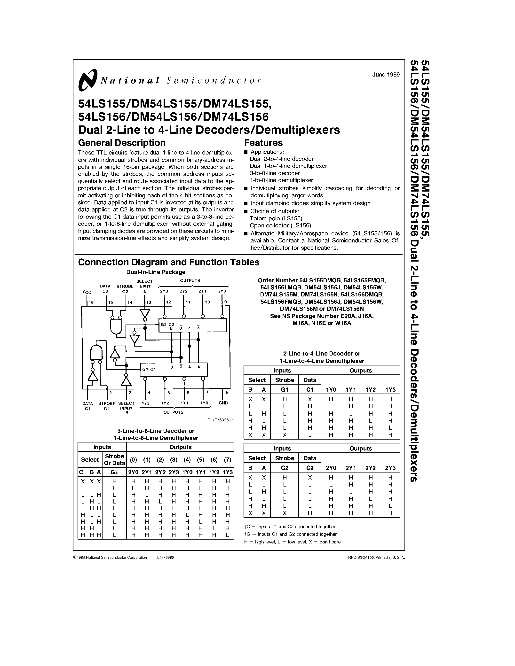 Даташит 74LS155 - Dual 2-Line to 4-Line Decoders/Demultiplexers страница 1