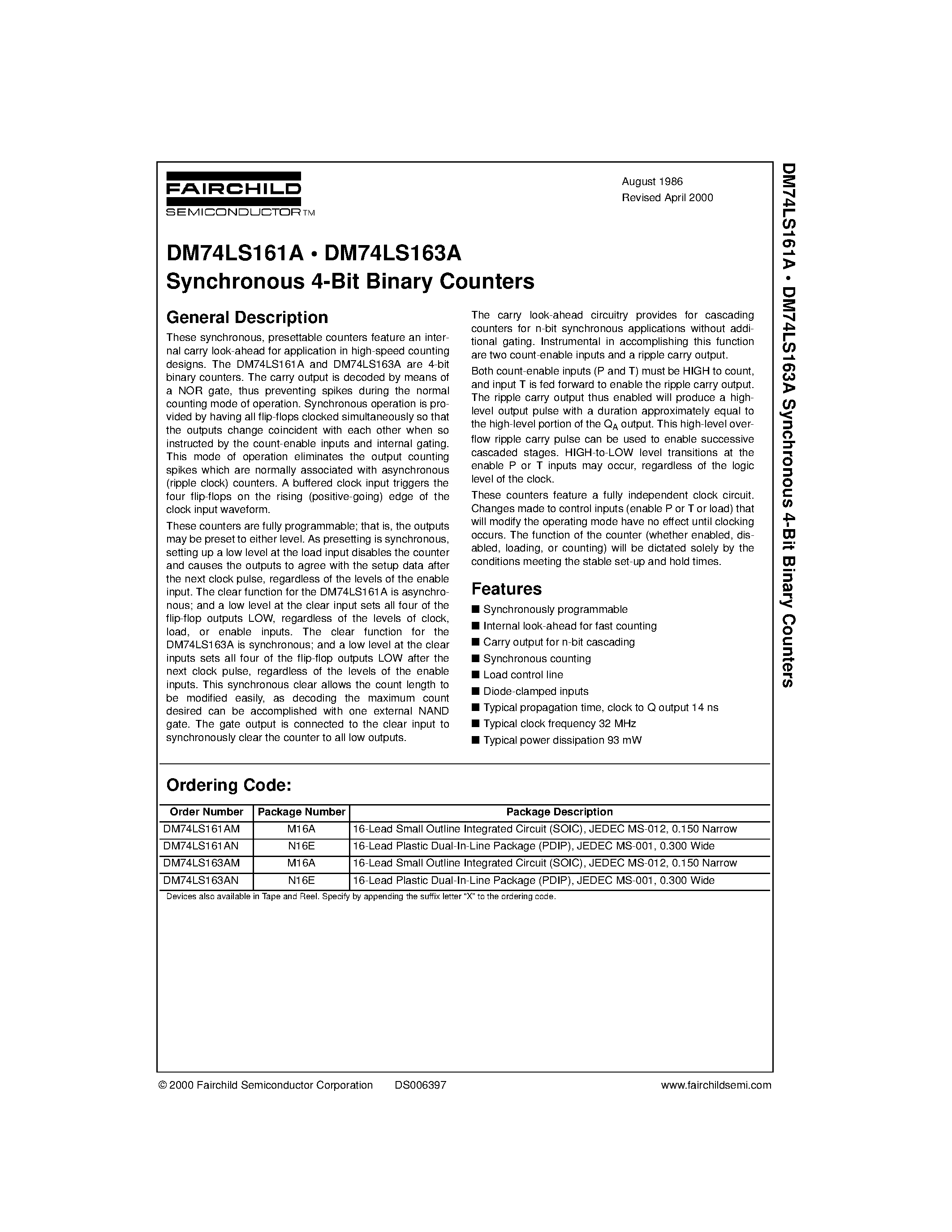 Даташит 74LS163 - Synchronous 4-Bit Binary Counters страница 1