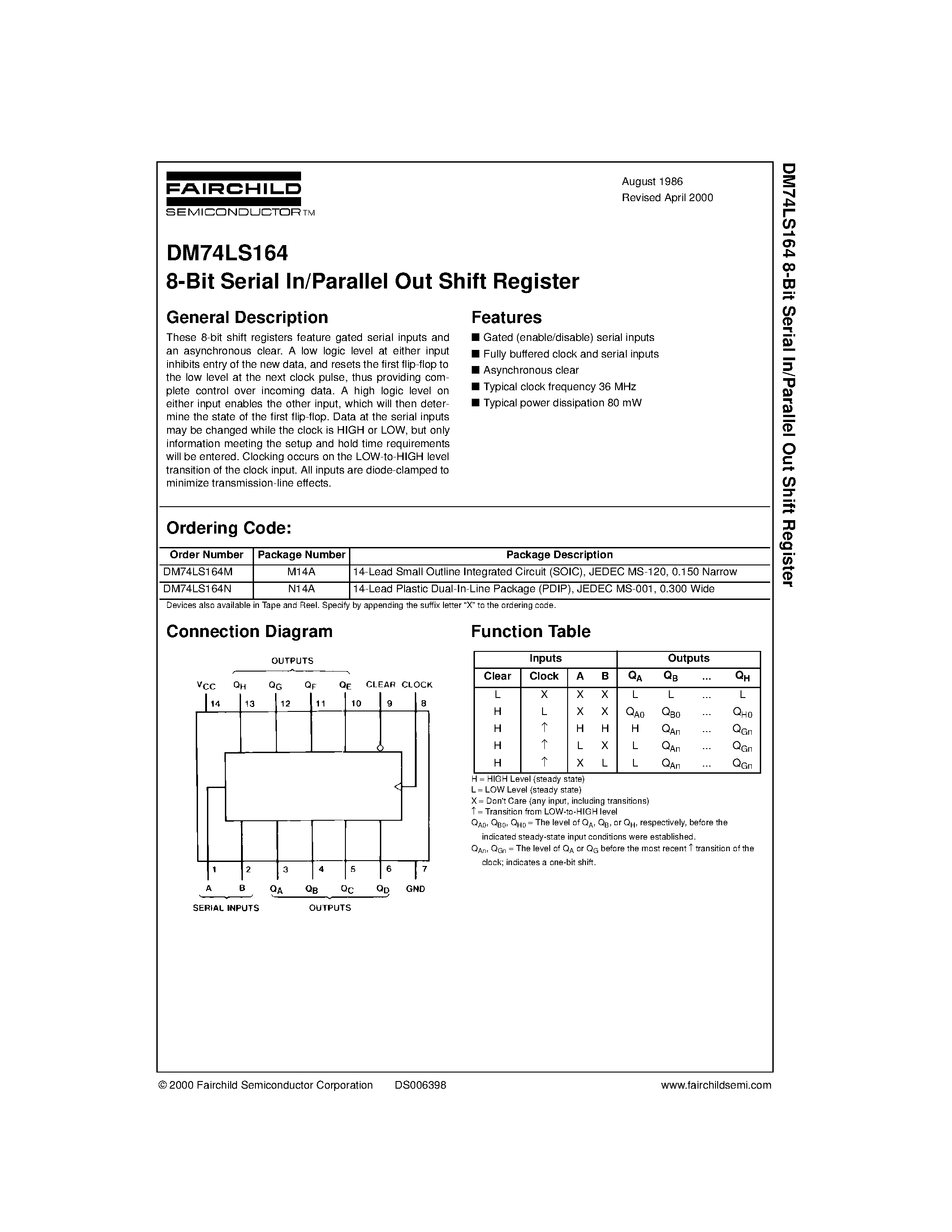 Даташит 74LS164 - 8-Bit Serial In/Parallel Out Shift Register страница 1